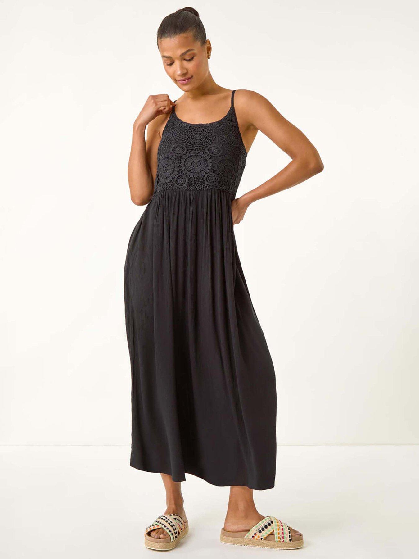 undefined Lace Bodice Shirred Midi Dress - Black