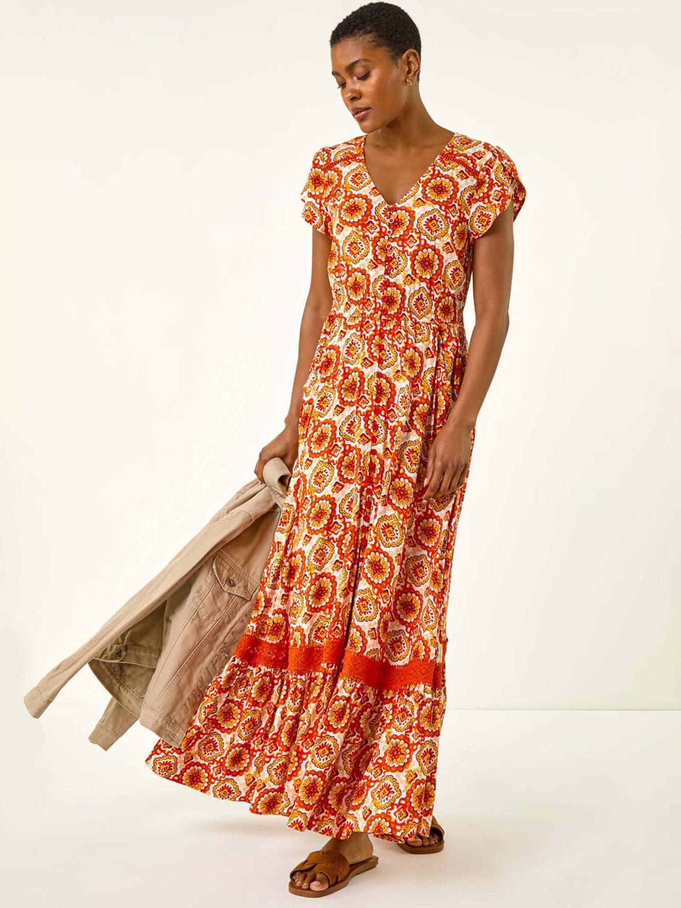 undefined Abstract Lace Trim Maxi Dress - Orange