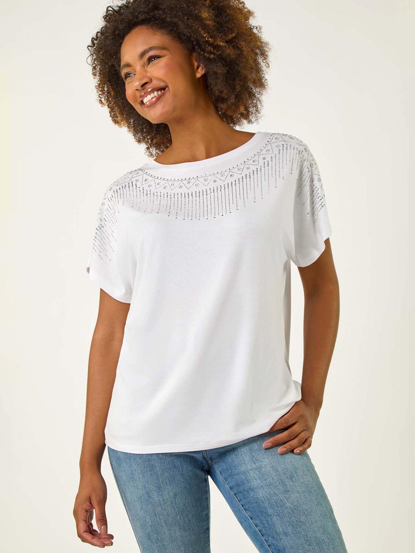 undefined Hotfix Embellished Stretch Top - Ivory