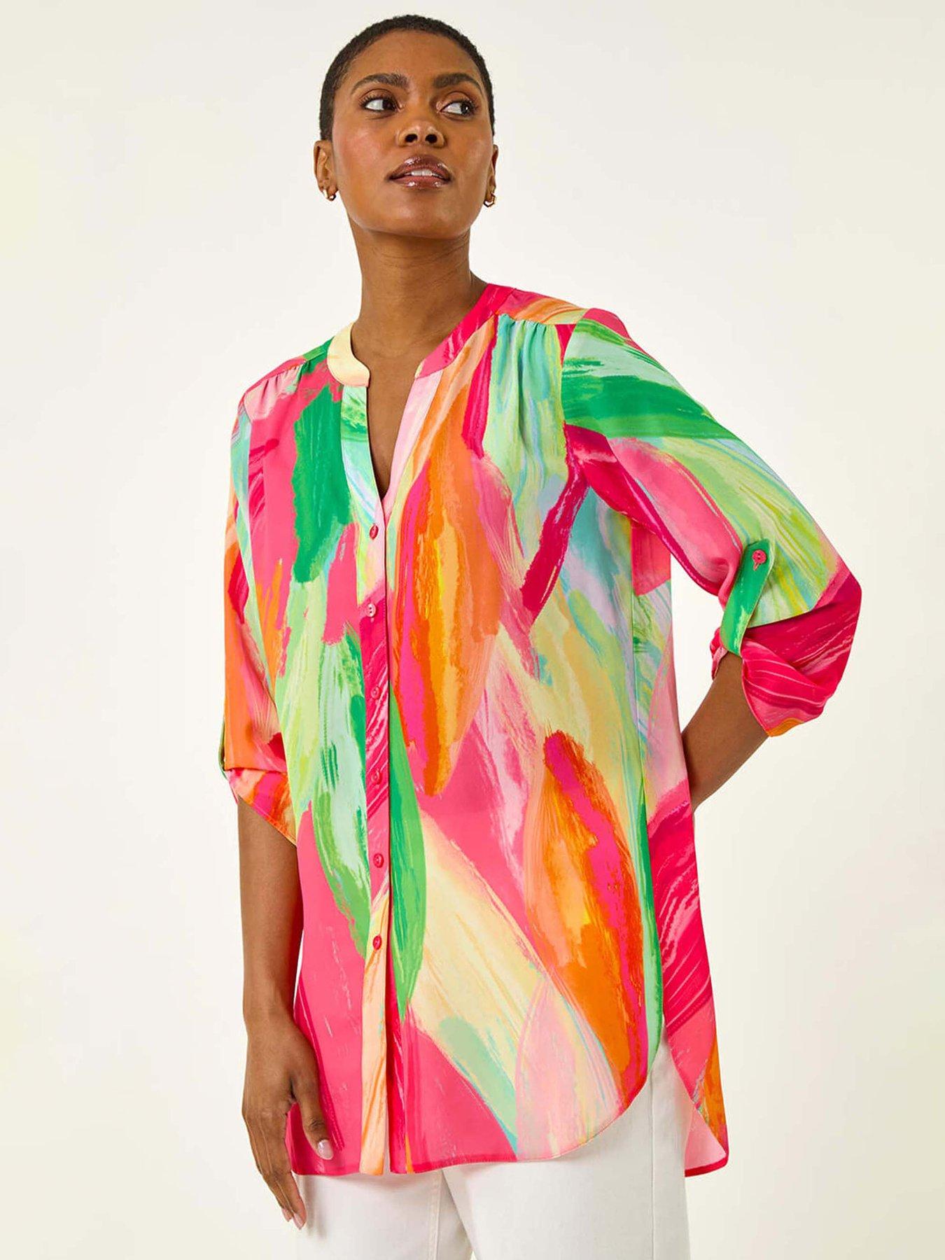 Image 1 of 4 of Roman Abstract Print V-neck Button Blouse - Pink
