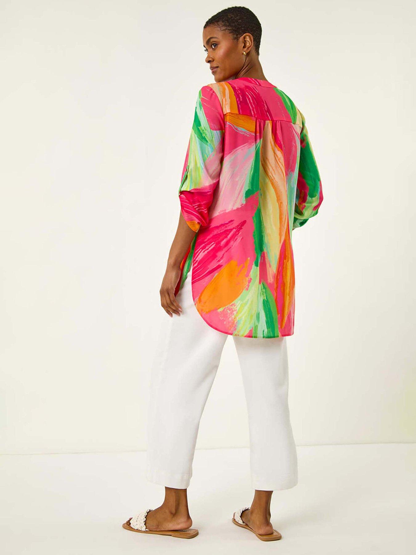 Image 2 of 4 of Roman Abstract Print V-neck Button Blouse - Pink
