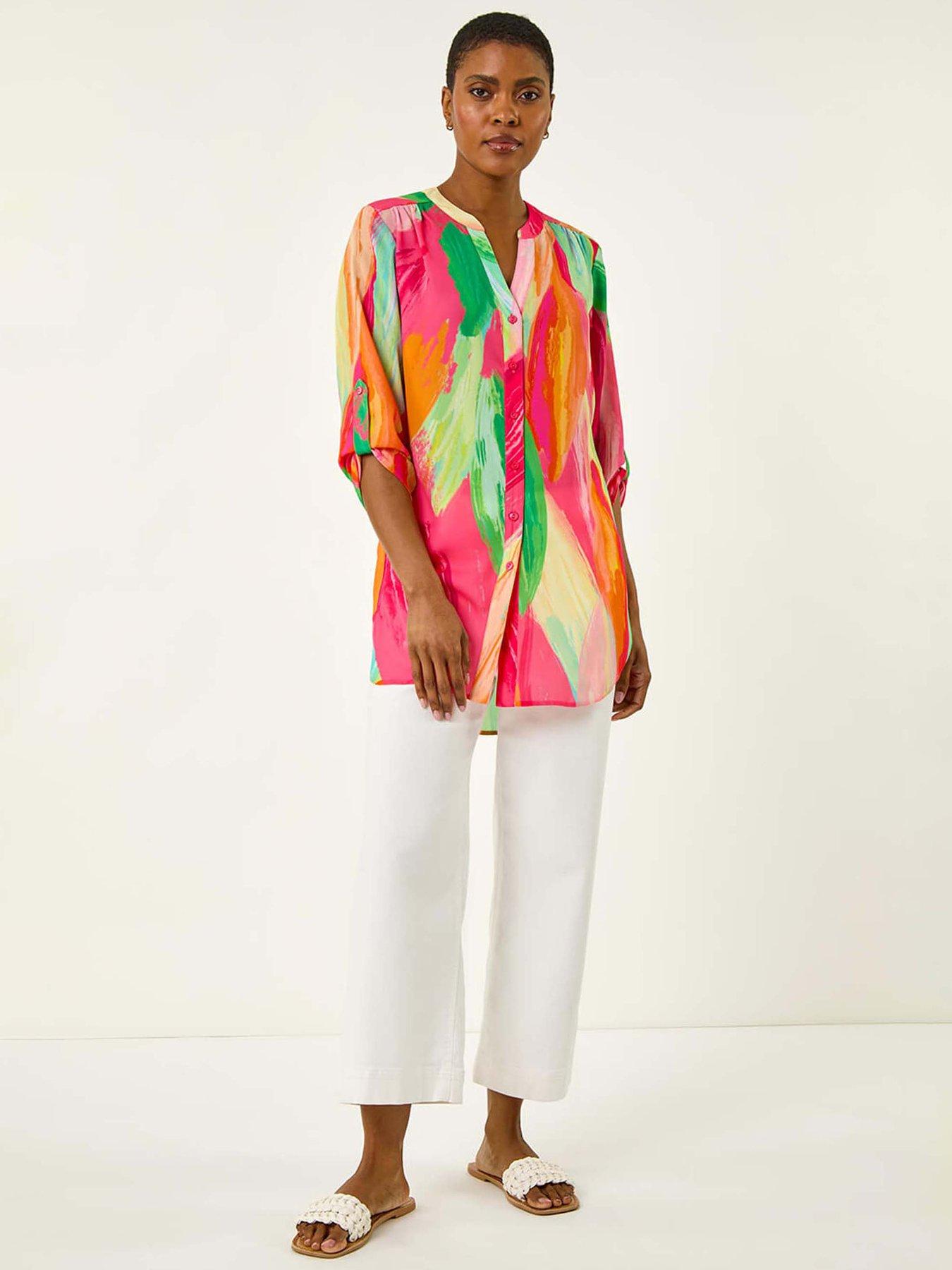 Image 3 of 4 of Roman Abstract Print V-neck Button Blouse - Pink