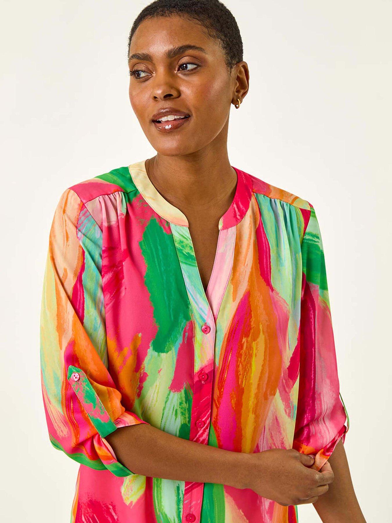 Image 4 of 4 of Roman Abstract Print V-neck Button Blouse - Pink