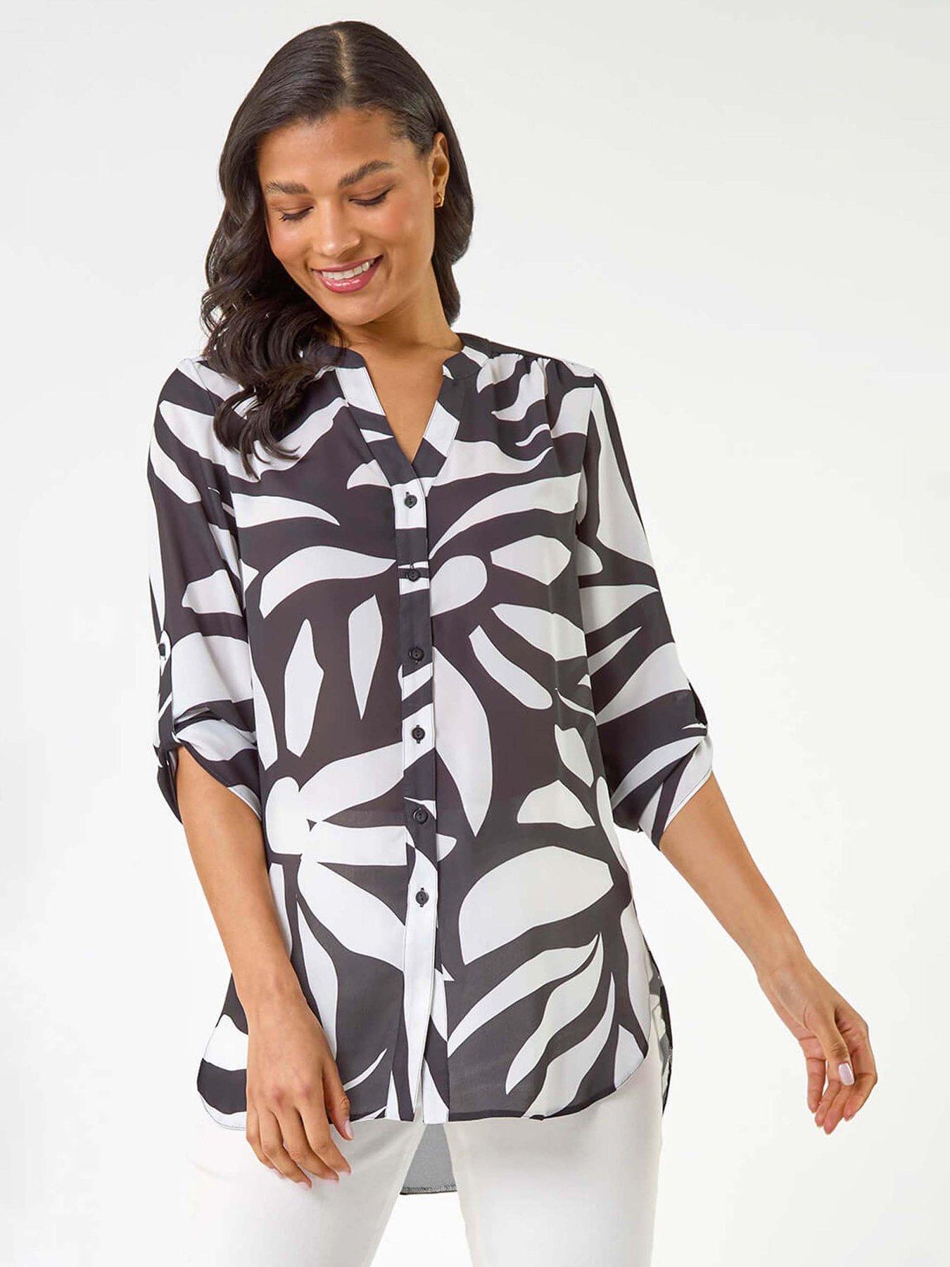 Image 1 of 5 of Roman Mono Print Button Front Blouse - Black