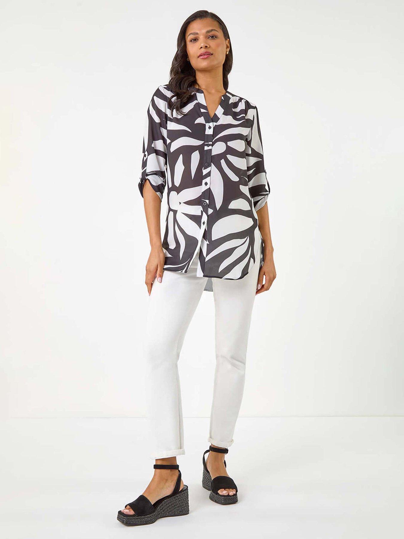 Image 3 of 5 of Roman Mono Print Button Front Blouse - Black