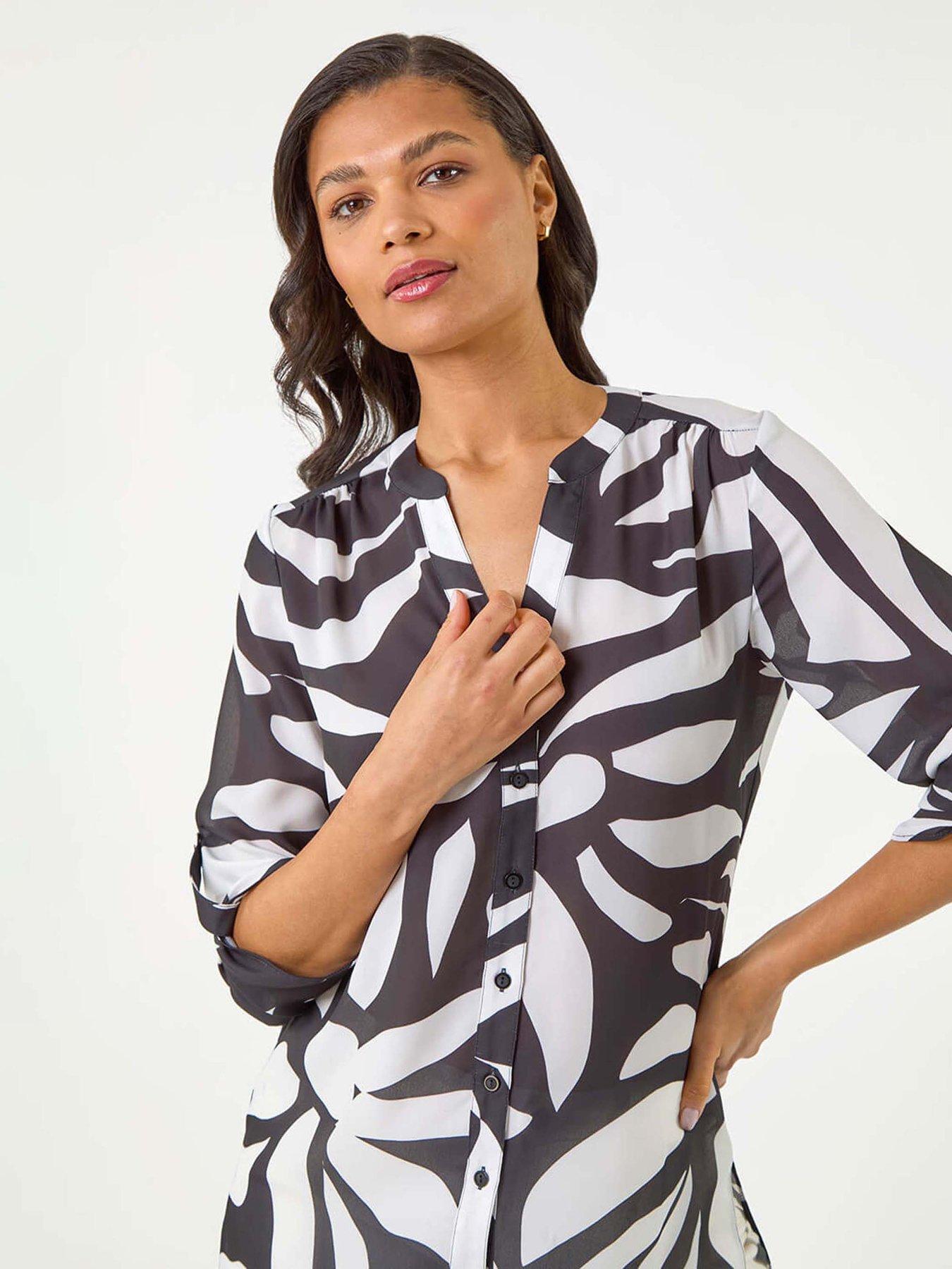 Image 4 of 5 of Roman Mono Print Button Front Blouse - Black