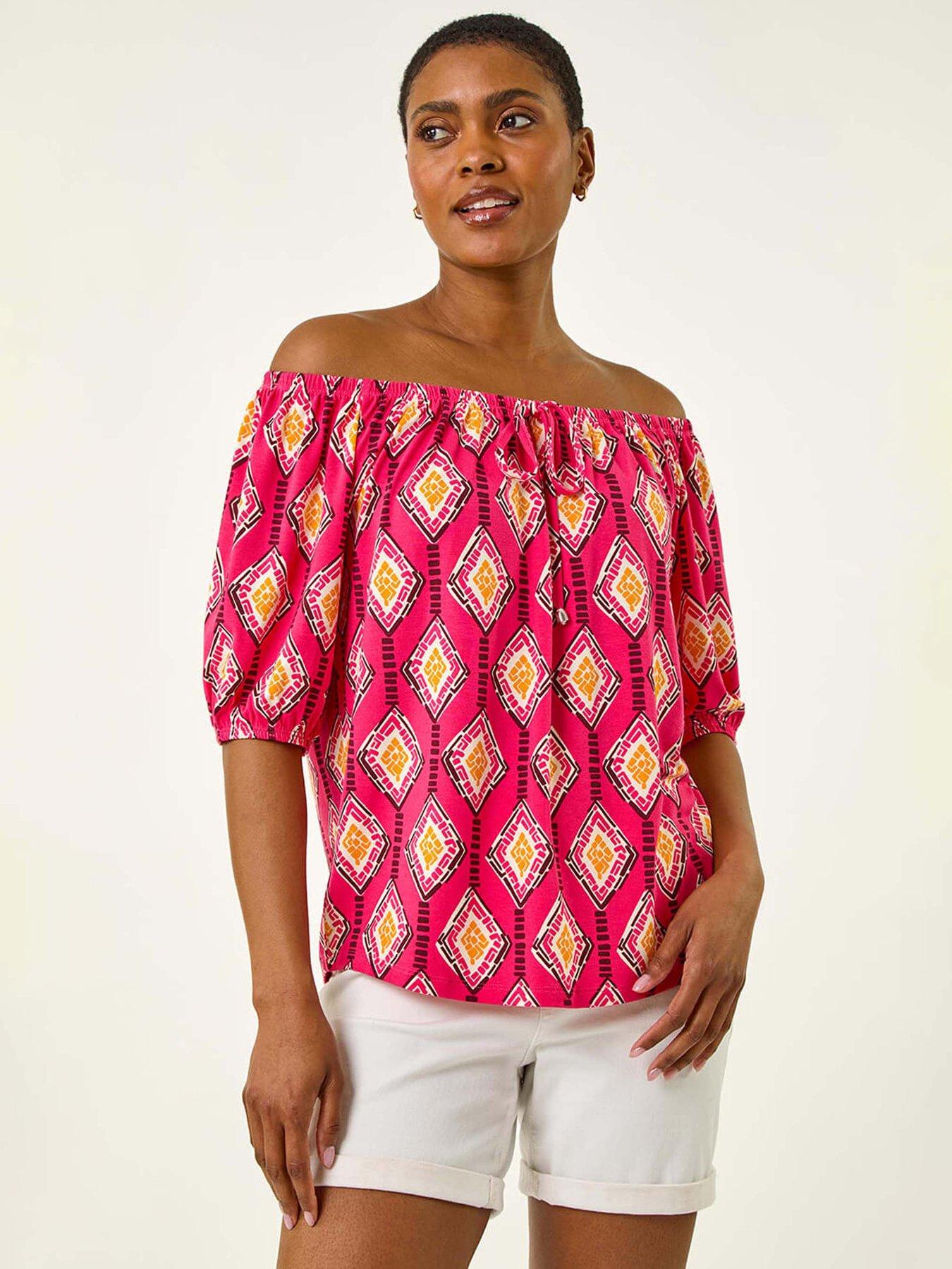 Image 1 of 4 of Roman Printed Bardot Tie Front Stretch Top - Pink