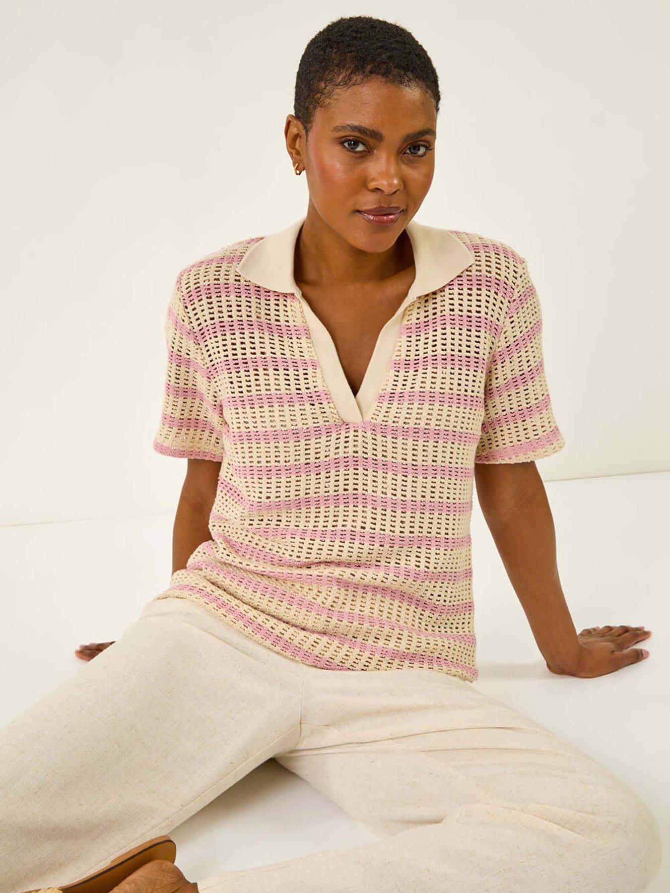 undefined Stripe Crochet Collar Knit Top - Pink