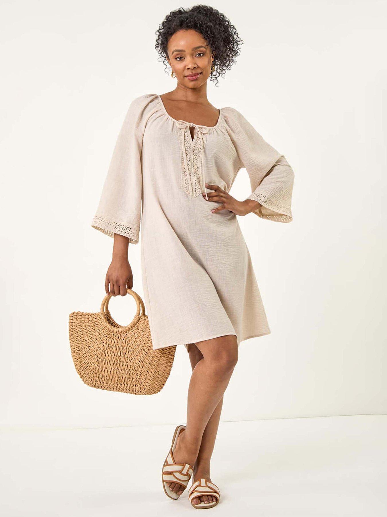 undefined Petite Lace Trim Dress - Stone