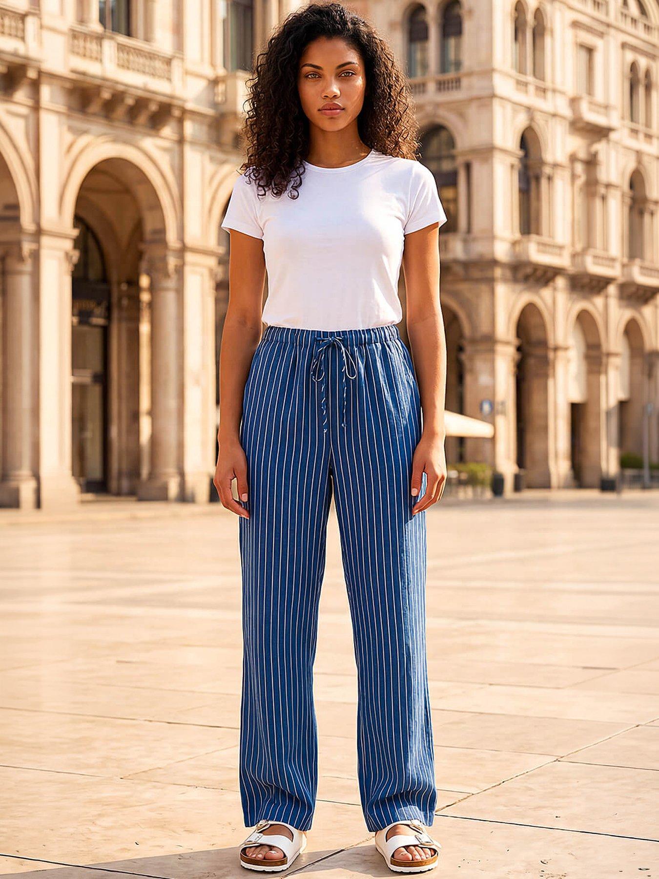 Roman Petite Stripe Pull On Stretch Trouser - Blue