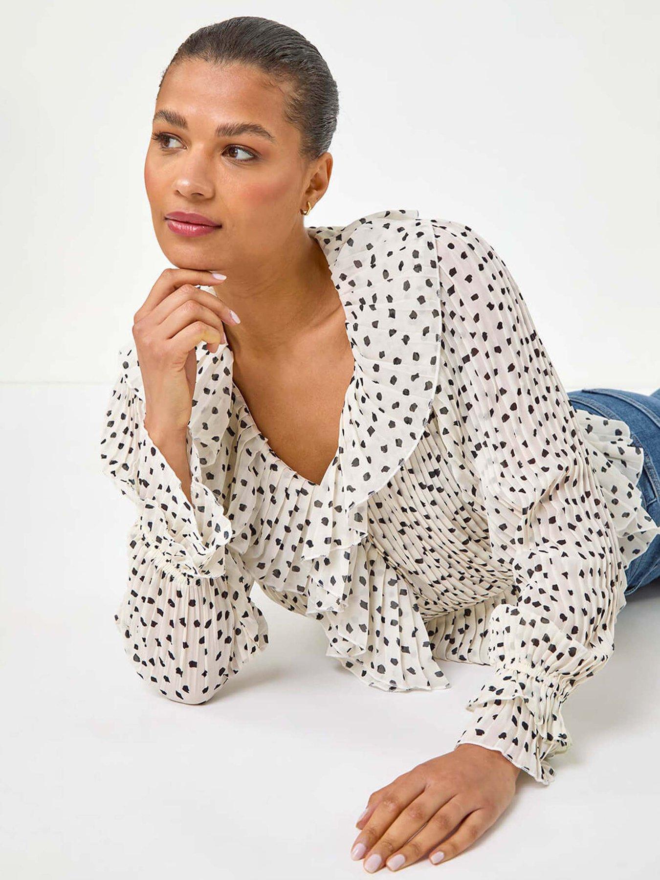 Image 4 of 4 of Roman Spot Frill Pleated Peplum Blouse - White