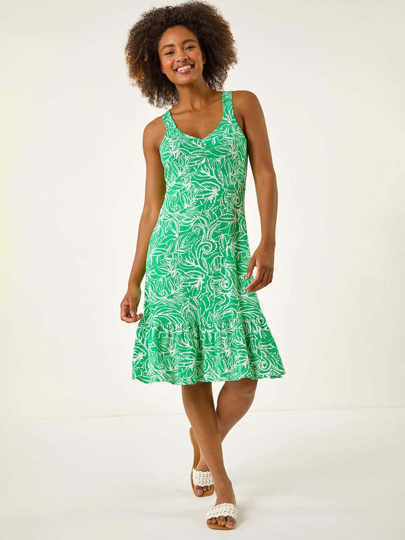 undefined Leaf Print Strappy Frill Dress - Green