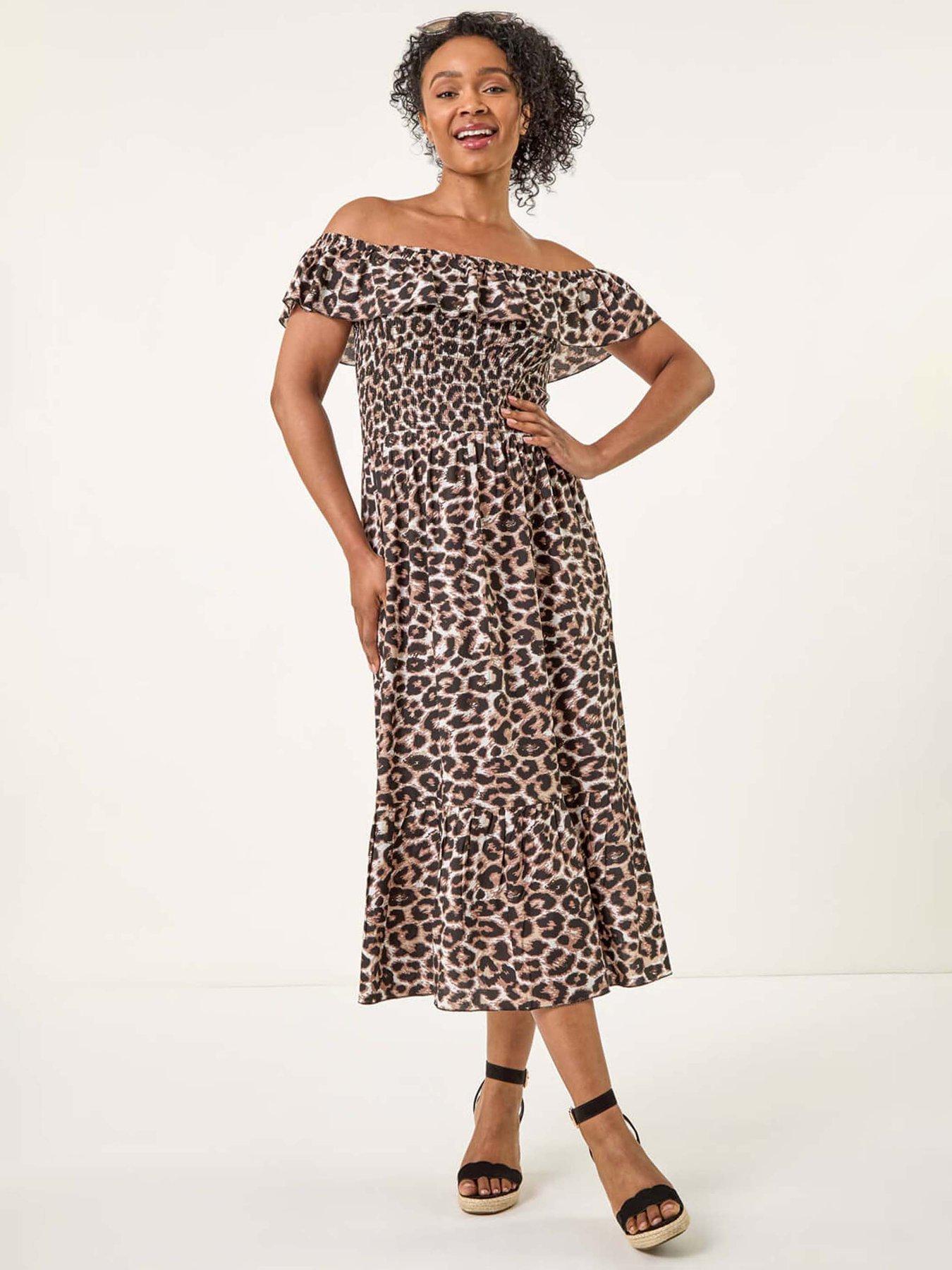 undefined Petite Animal Print Bardot Midi Dress - Beige