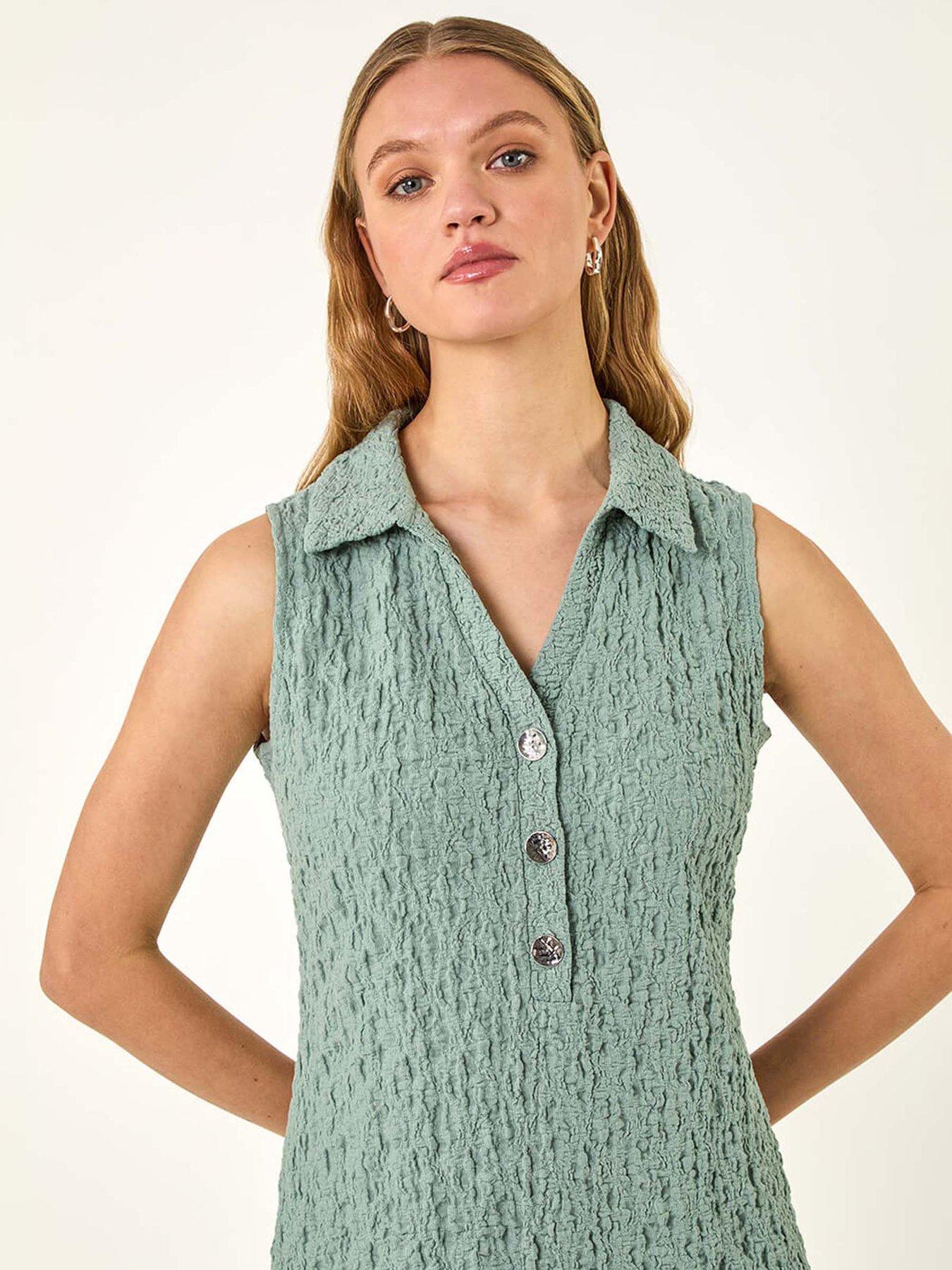 Image 4 of 5 of Roman Crinkle Collared A-line Stretch Dress - Sage