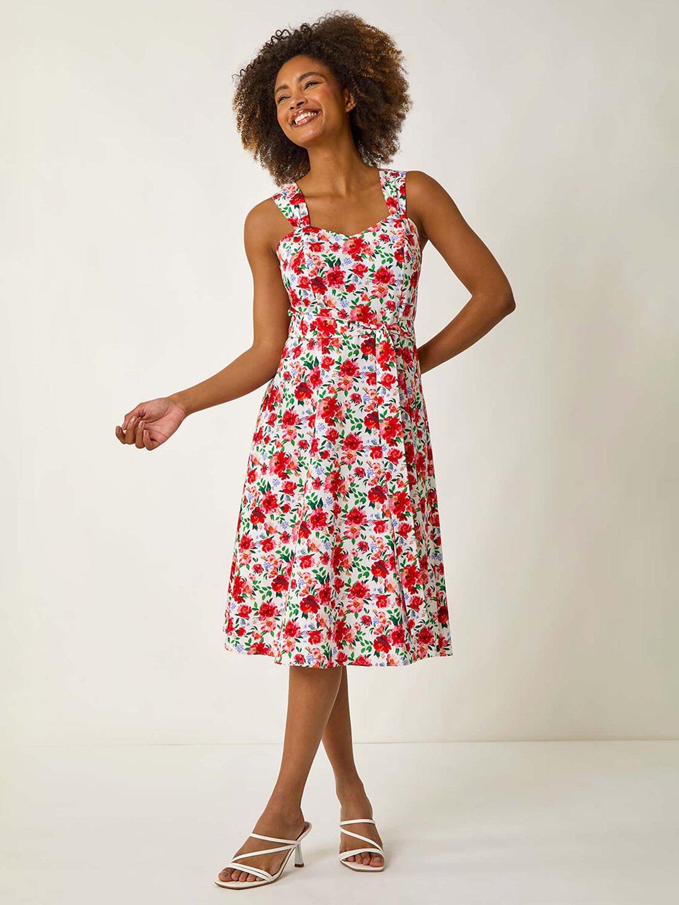 undefined Floral Tie Waist Sweetheart Midi Dress - Red