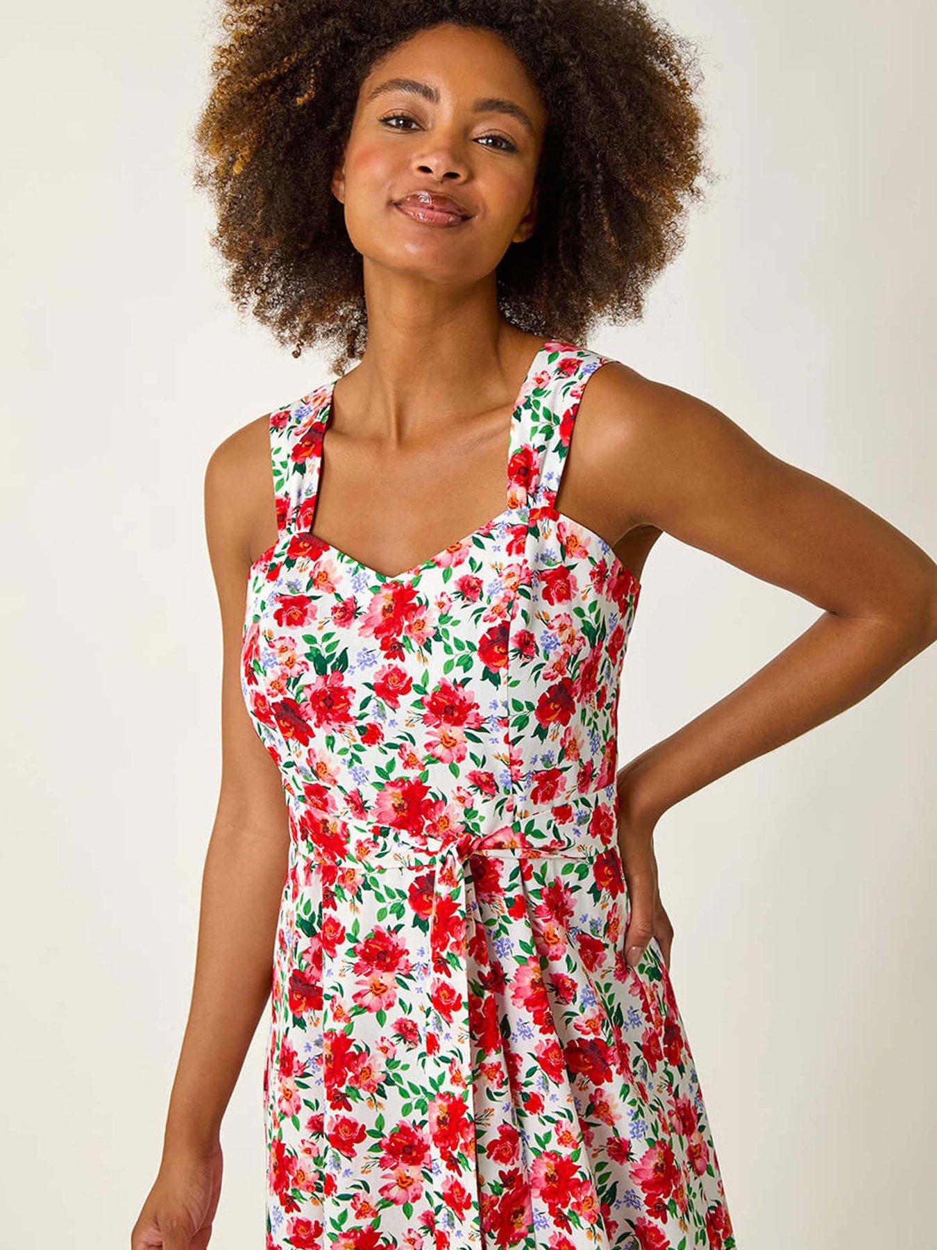 Image 4 of 5 of Roman Floral Tie Waist Sweetheart Midi Dress - Red