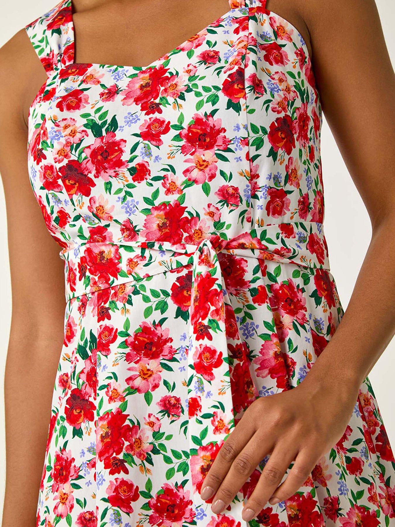 Image 5 of 5 of Roman Floral Tie Waist Sweetheart Midi Dress - Red
