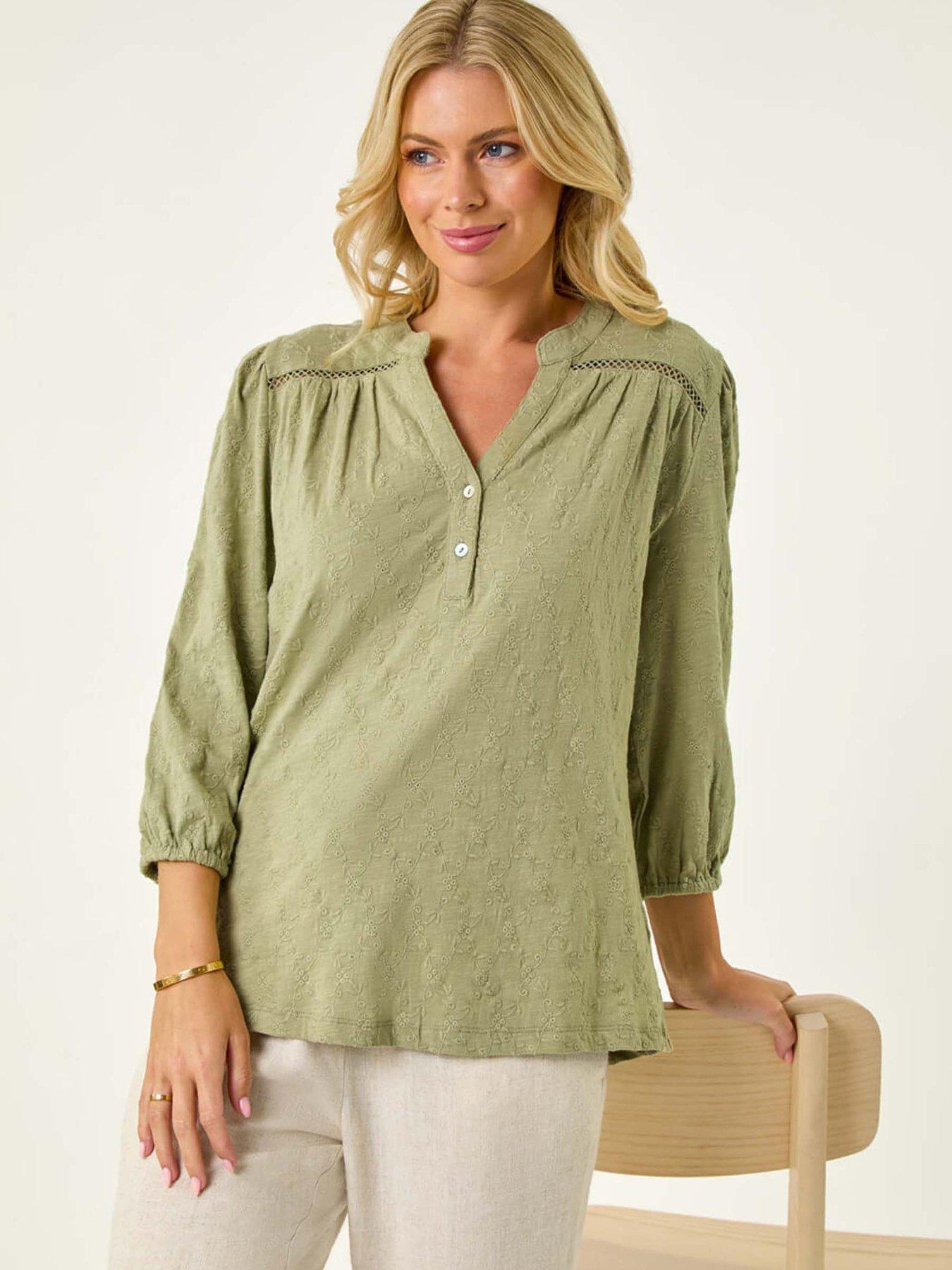 undefined Petite Embroidered Stretch Top - Khaki