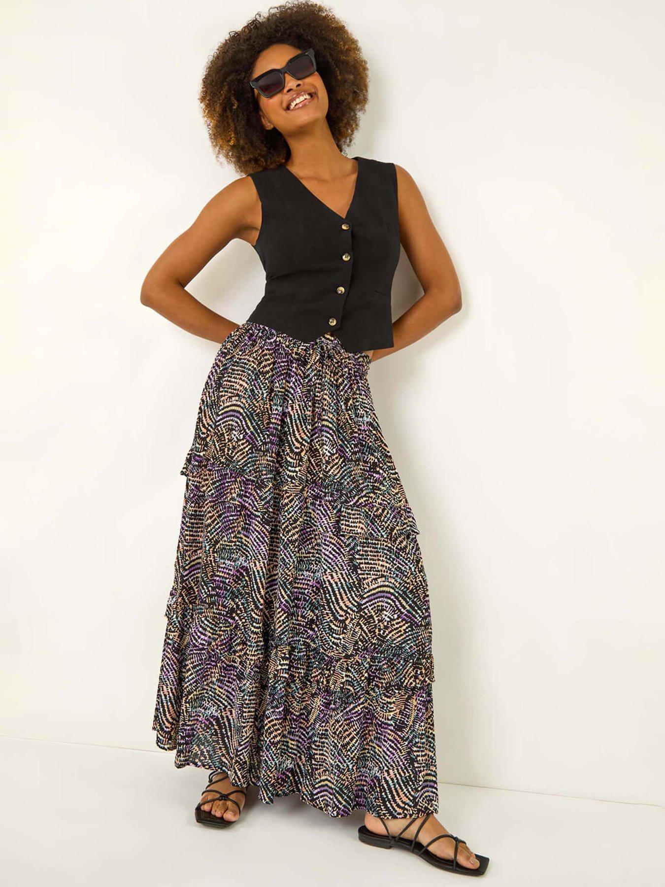 undefined Abstract Contrast Print Maxi Skirt - Black
