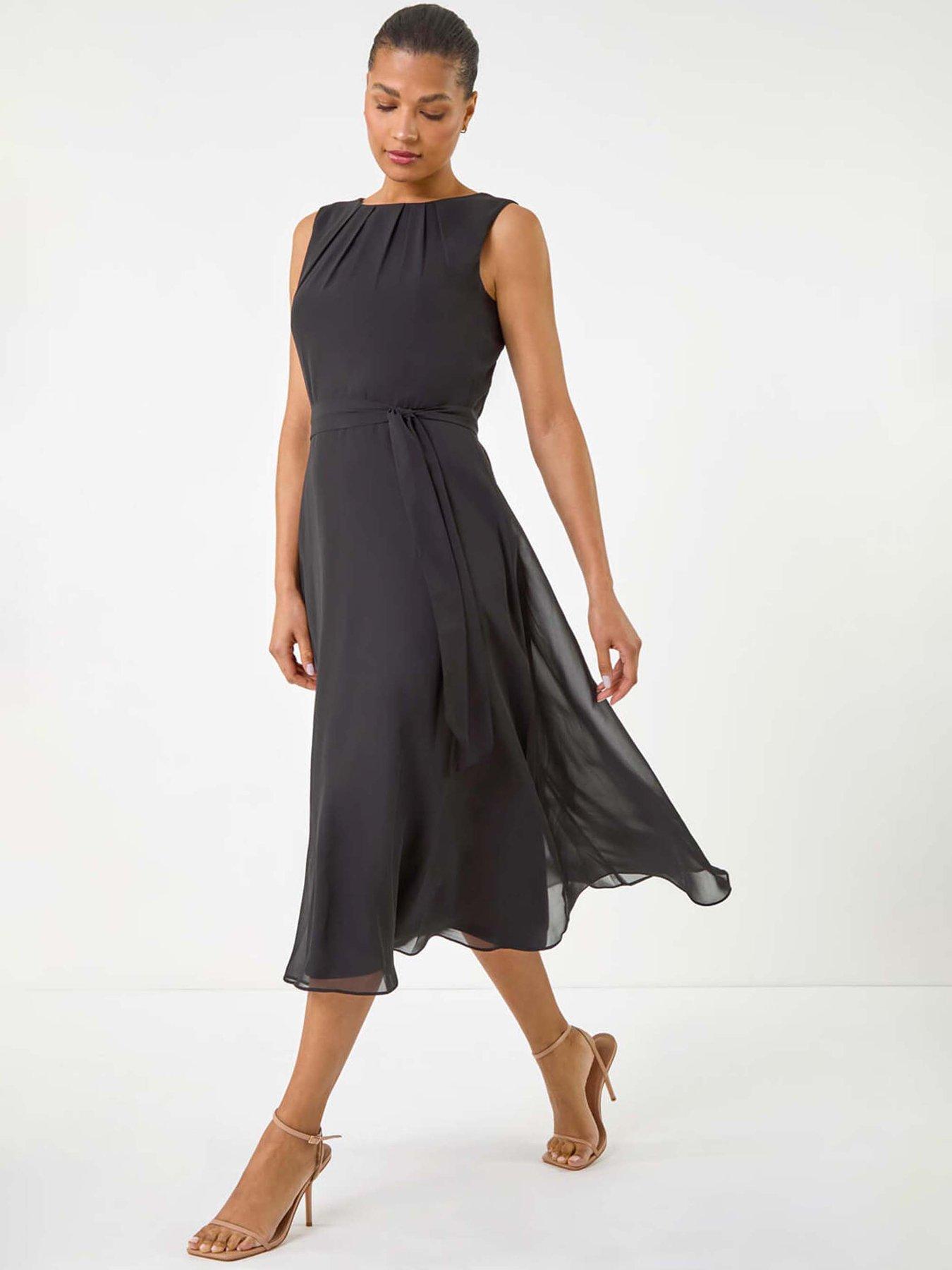 undefined Chiffon Pleat Neck Midi Dress - Black