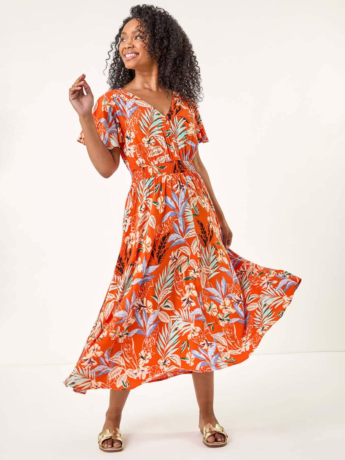 Roman Petite Leaf Print Shirred Midi Dress - Orange