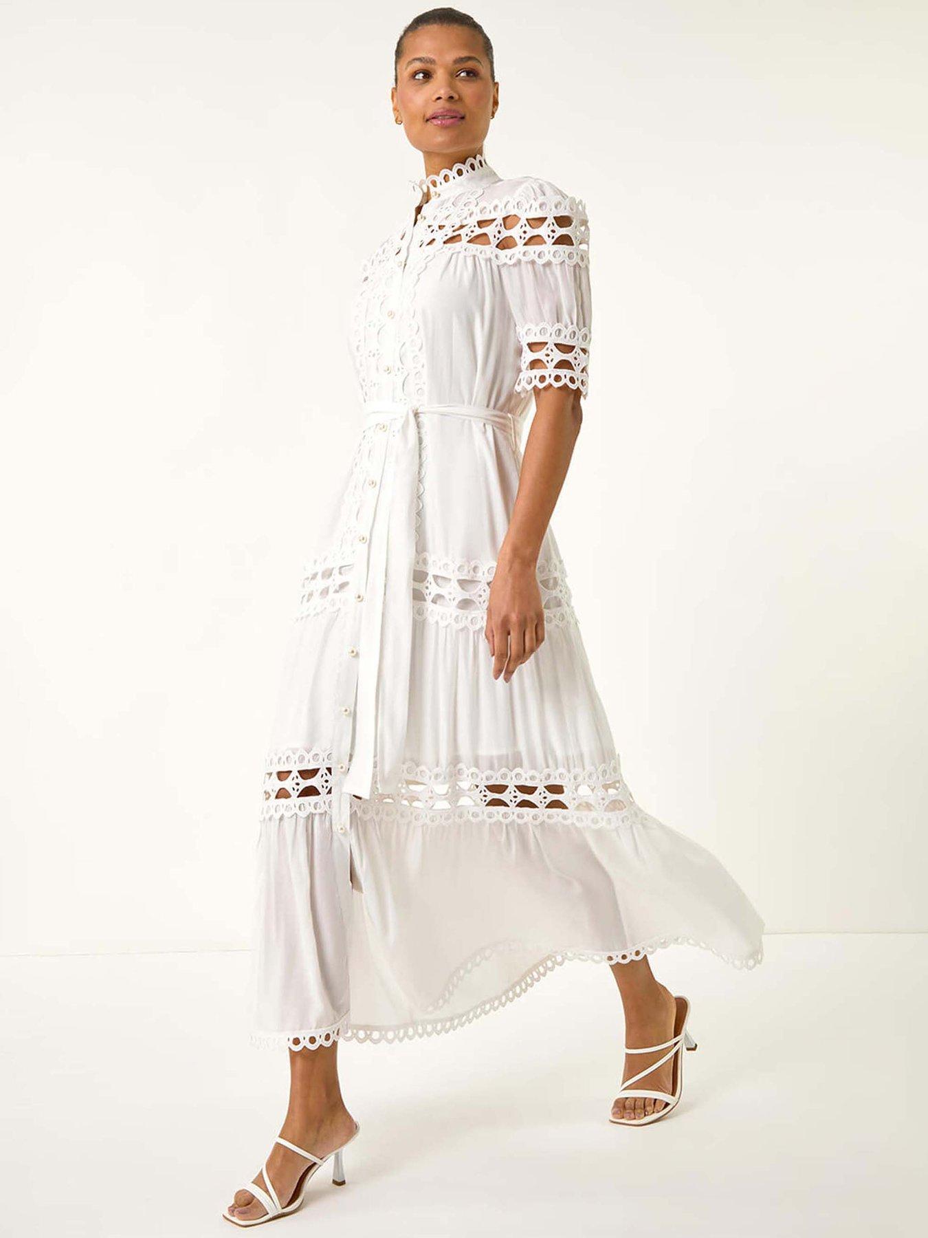 undefined Lace Detail Belted Midi Dress - White