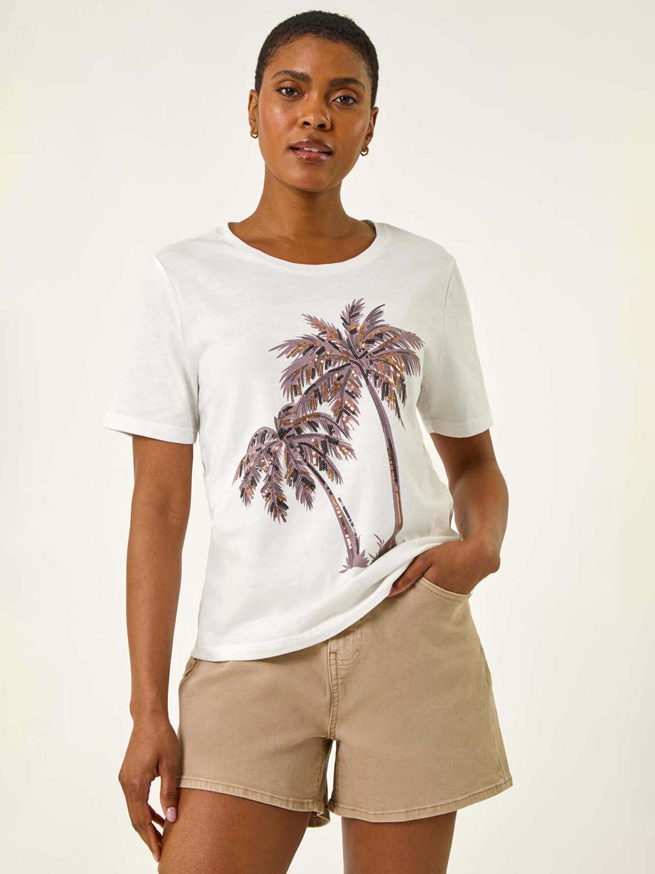 Image 1 of 4 of Roman Palm Print Cotton T-shirt - White