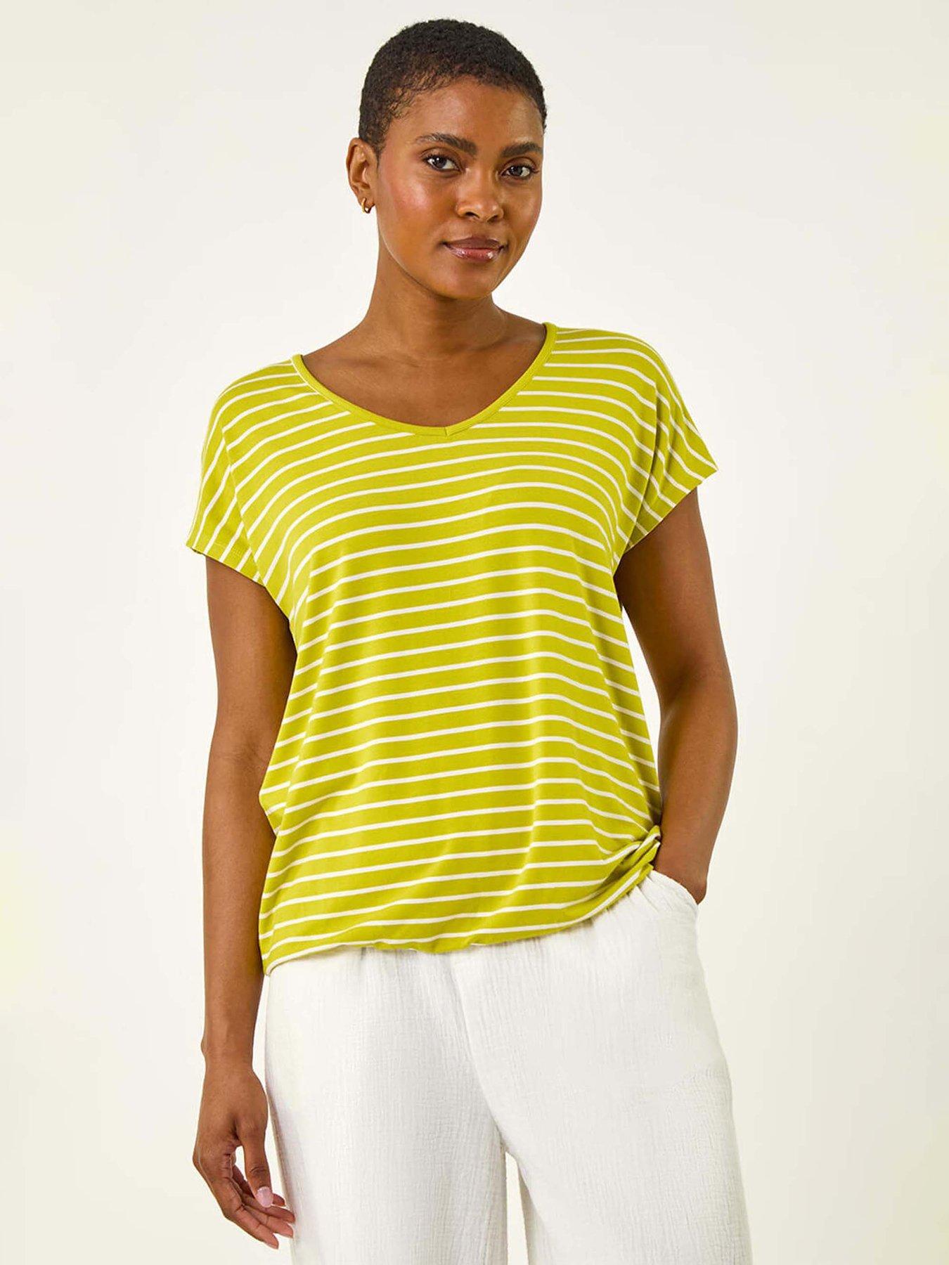 undefined Stripe Print V-neck Stretch Tee - Green