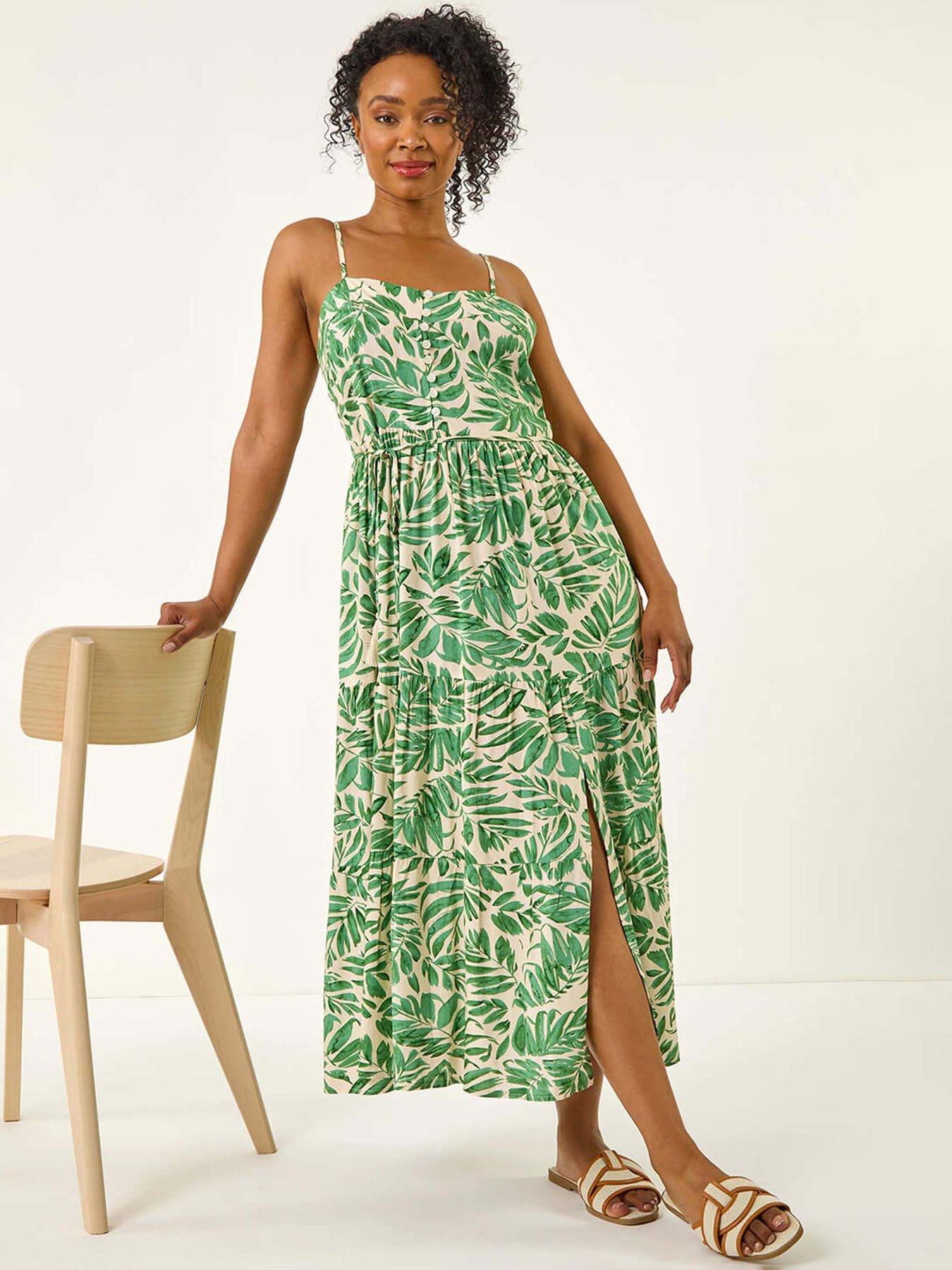 undefined Petite Leaf Strappy Maxi Dress - Green