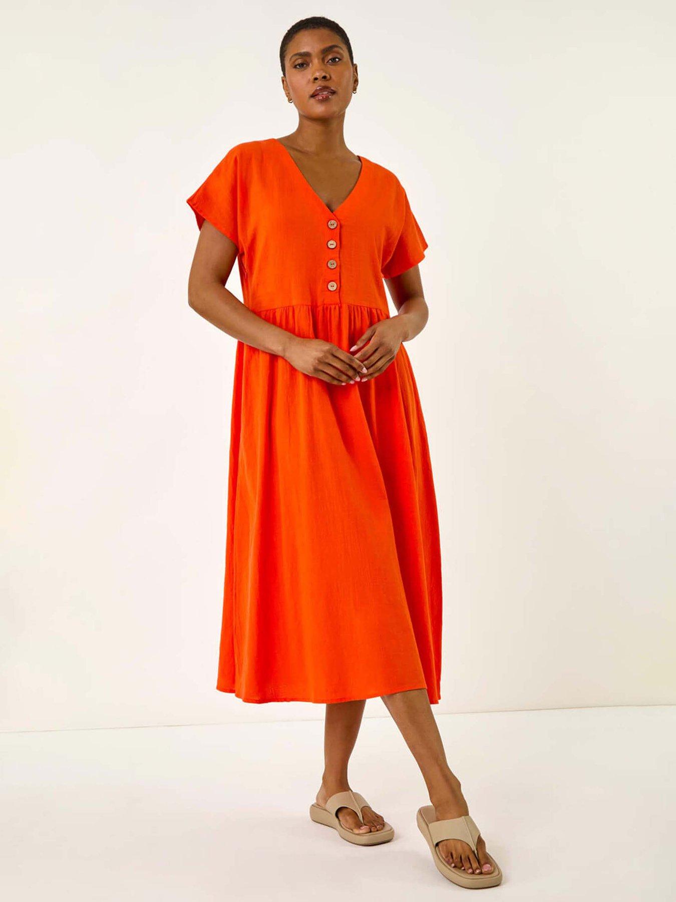 undefined Linen Look Button Midi Dress - Orange