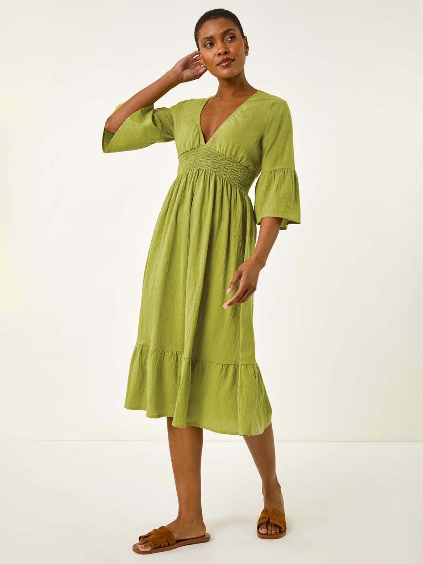 undefined Linen Look Shirred Midi Dress - Green