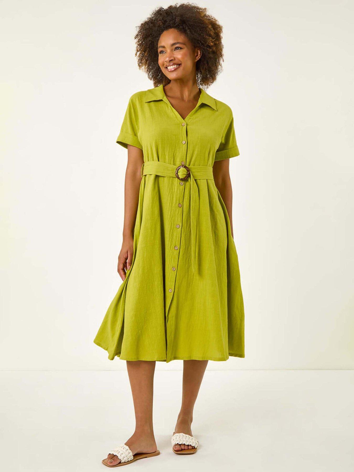 undefined Linen Look Belted Shirt Dress - Lime