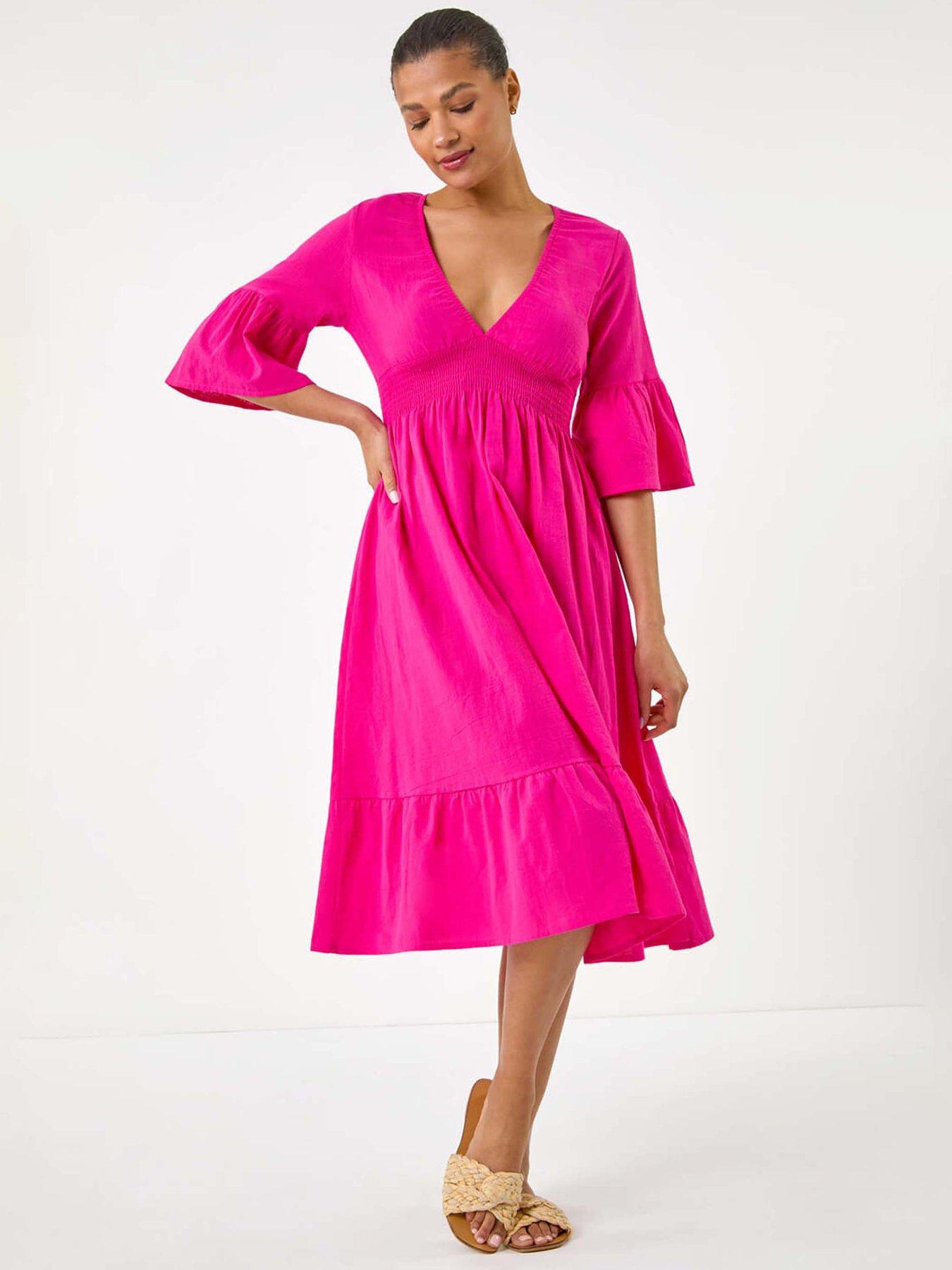 Roman Linen Look Shirred Midi Dress - Fuchsia