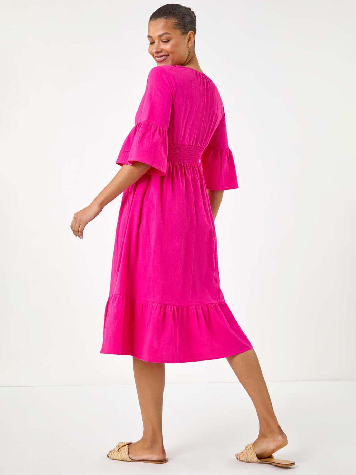 Image 2 of 5 of Roman Linen Look Shirred Midi Dress - Fuchsia