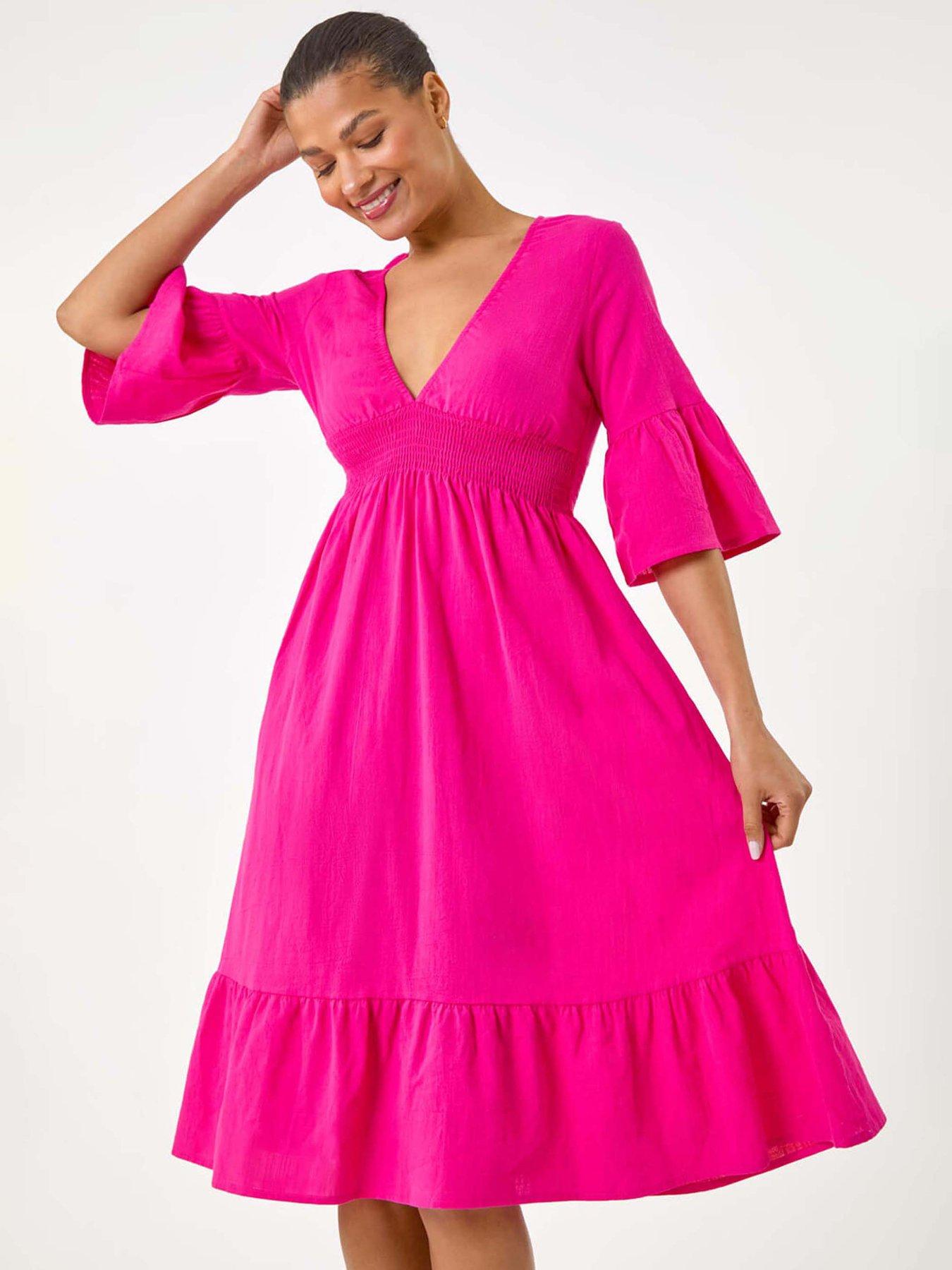Image 3 of 5 of Roman Linen Look Shirred Midi Dress - Fuchsia