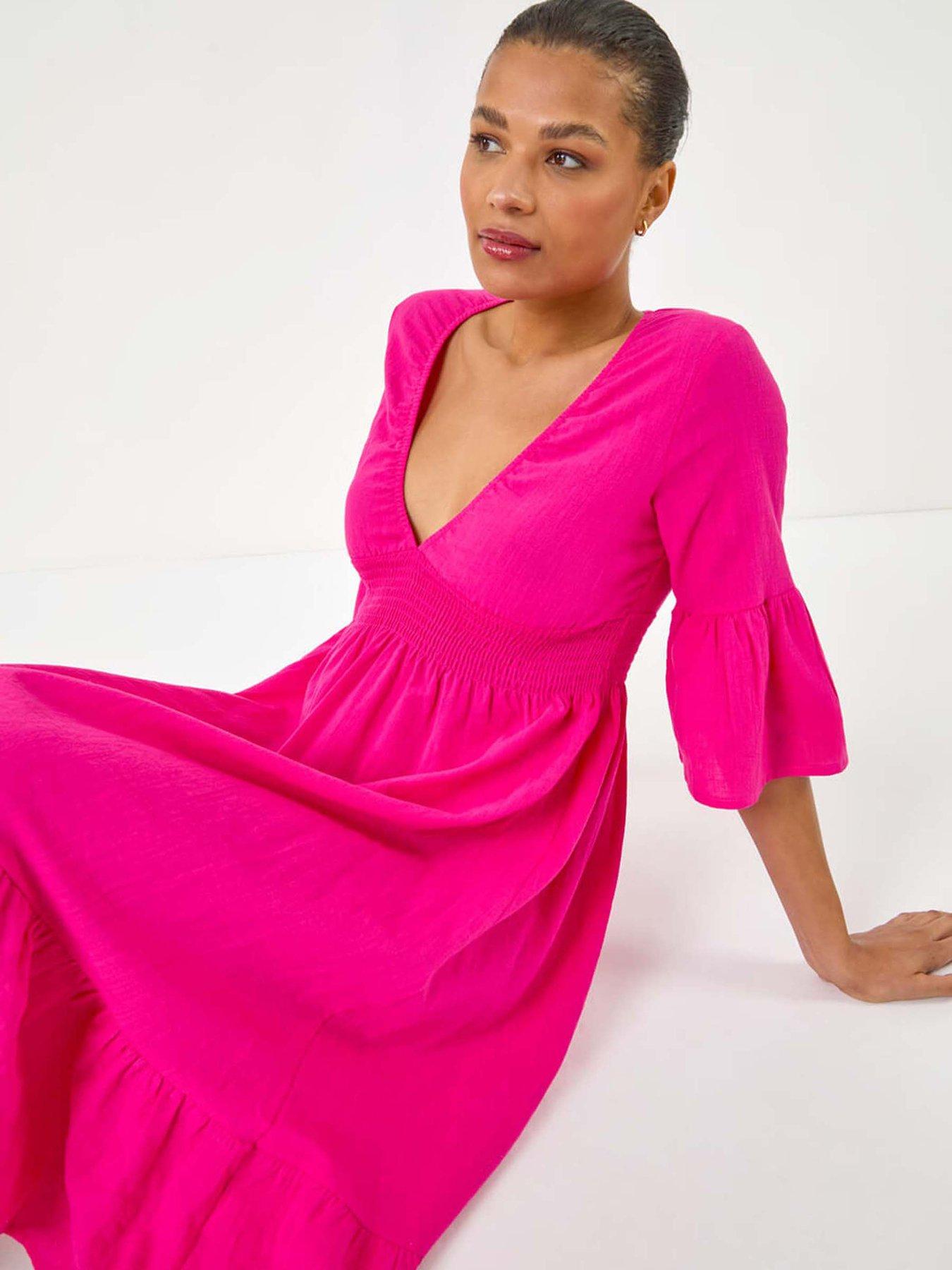 Image 4 of 5 of Roman Linen Look Shirred Midi Dress - Fuchsia