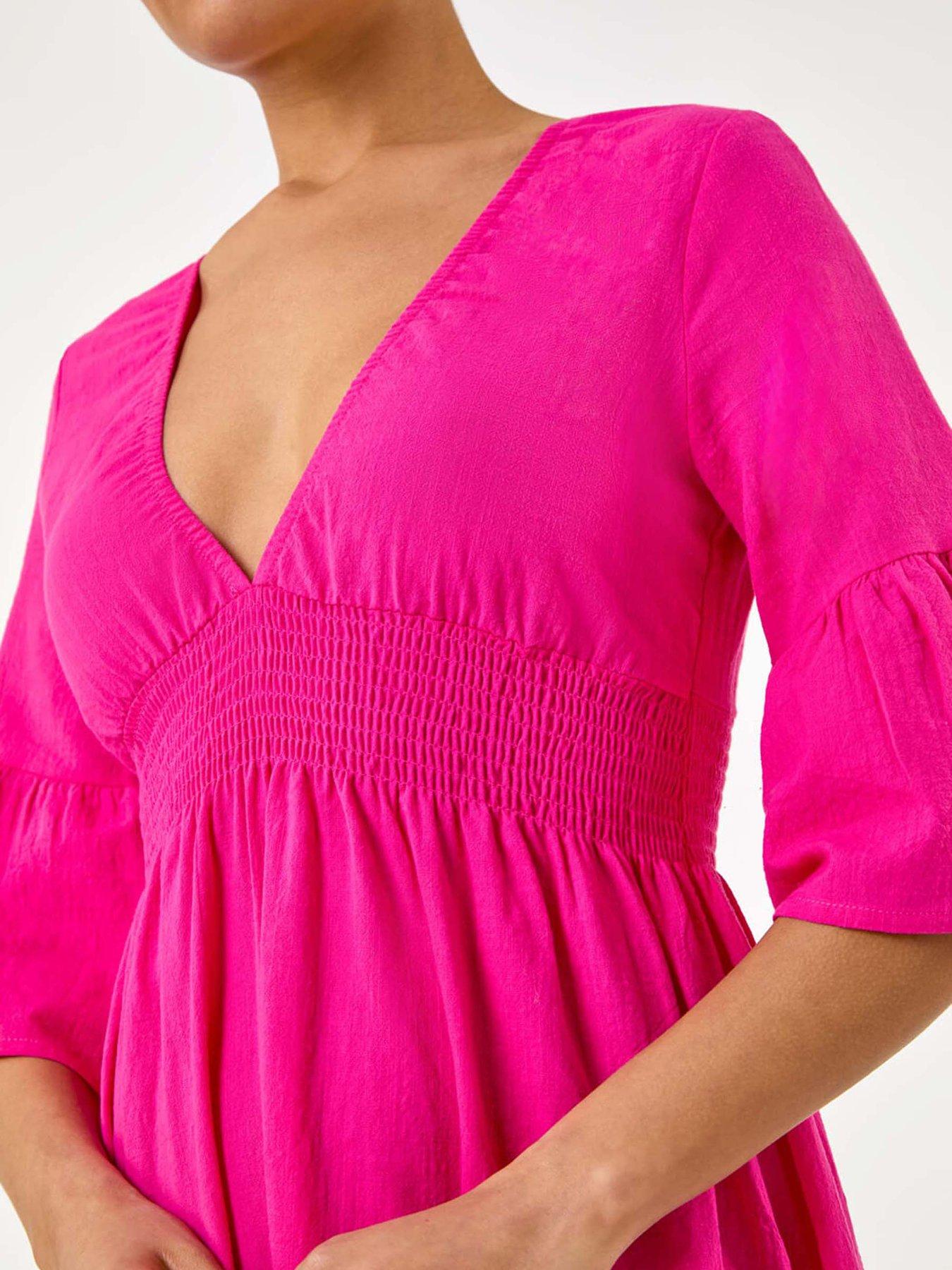 Image 5 of 5 of Roman Linen Look Shirred Midi Dress - Fuchsia