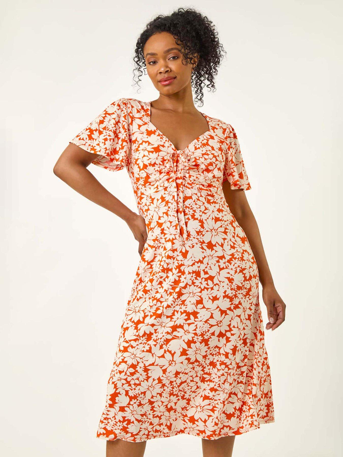Roman Petite Floral Ruched Midi Dress - Orange