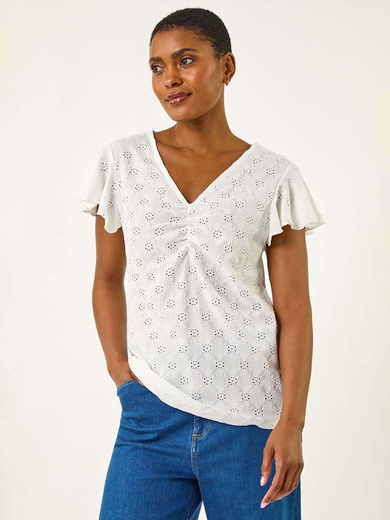undefined Ruched Frill Textured Top - White