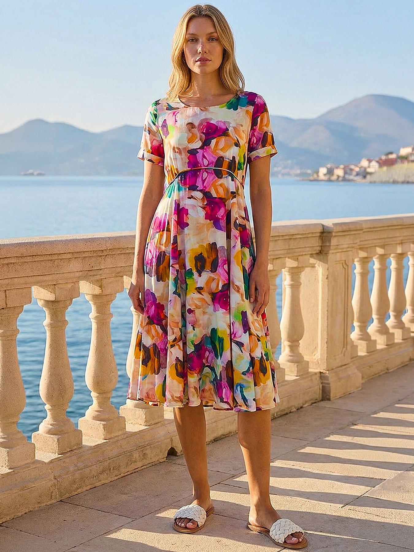 Roman Floral Print Smock Dress - Purple