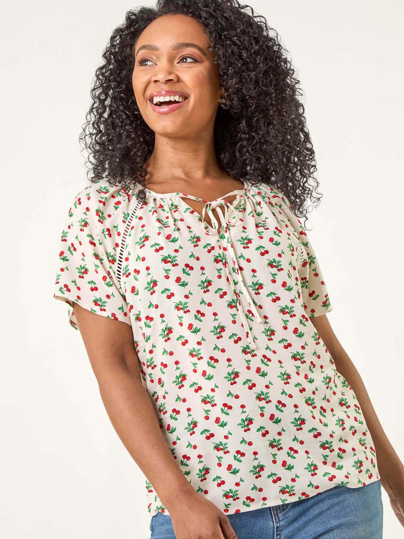 undefined Petite Cherry Print Lace Trim Top - Ivory