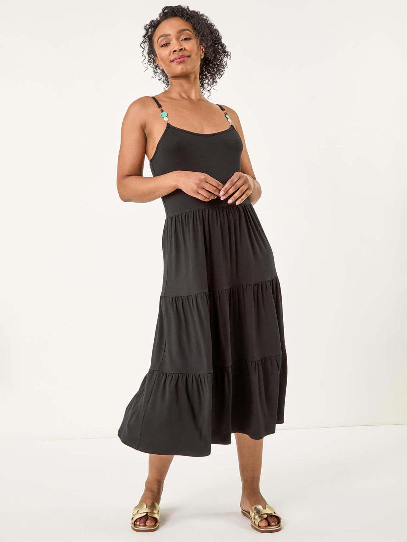 undefined Petite Bead Trim Strappy Tiered Dress - Black