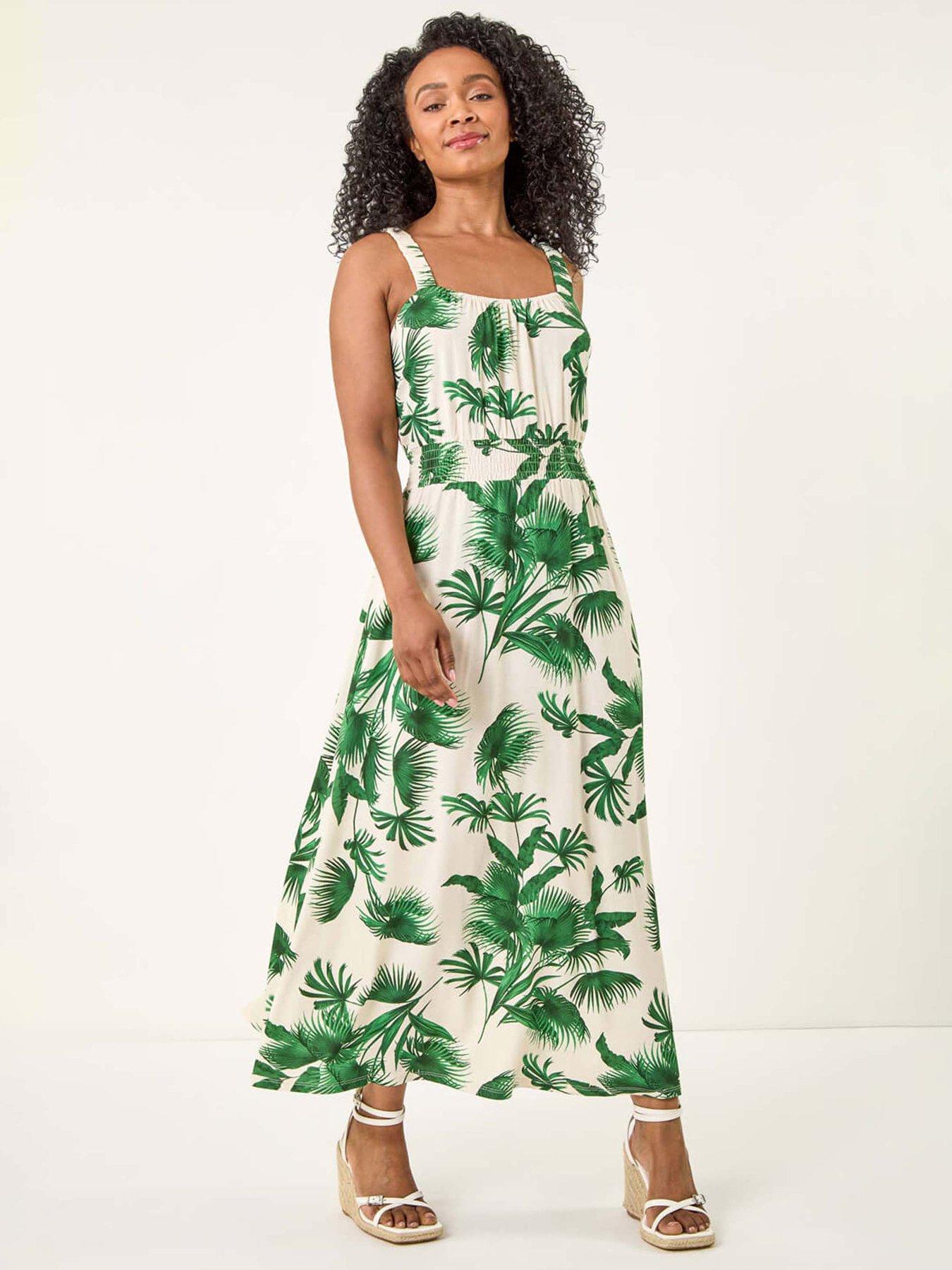 undefined Petite Tropical Strappy Midi Dress - Green