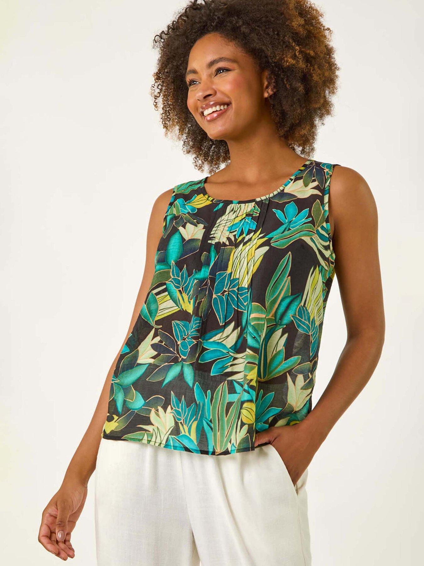 Image 1 of 5 of Roman Leaf Print Pleat Front Vest Top - Green