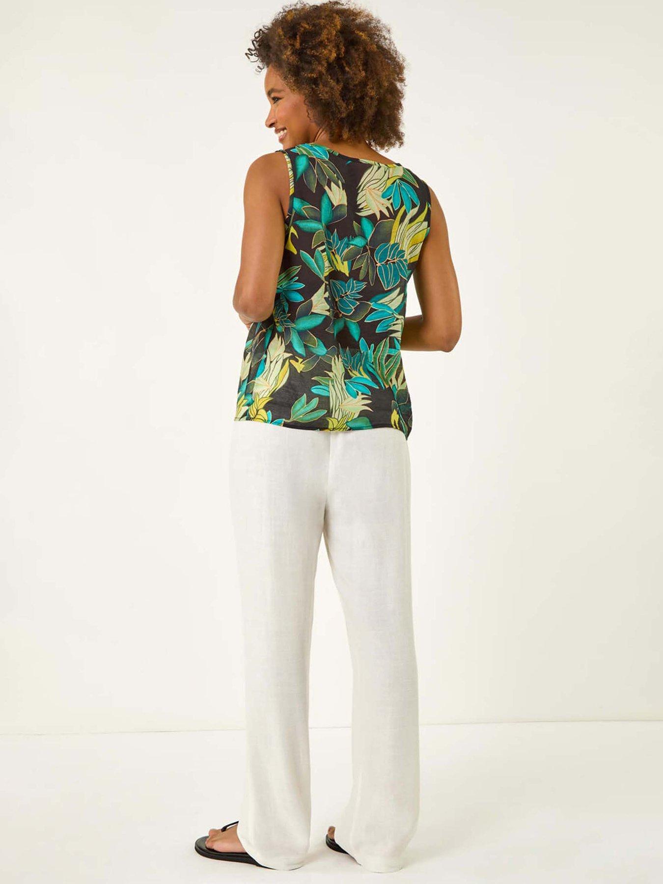 Image 2 of 5 of Roman Leaf Print Pleat Front Vest Top - Green