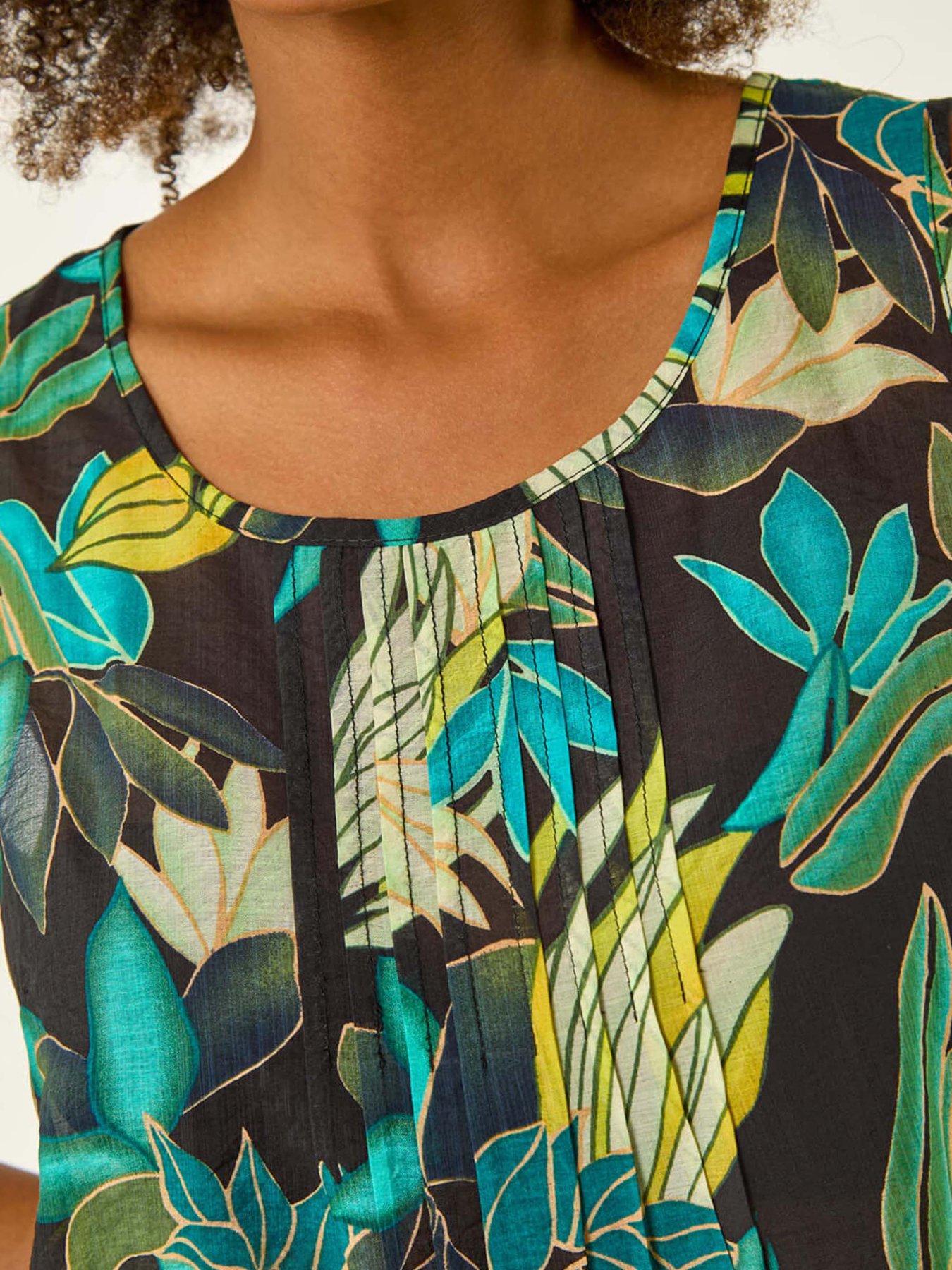 Image 5 of 5 of Roman Leaf Print Pleat Front Vest Top - Green