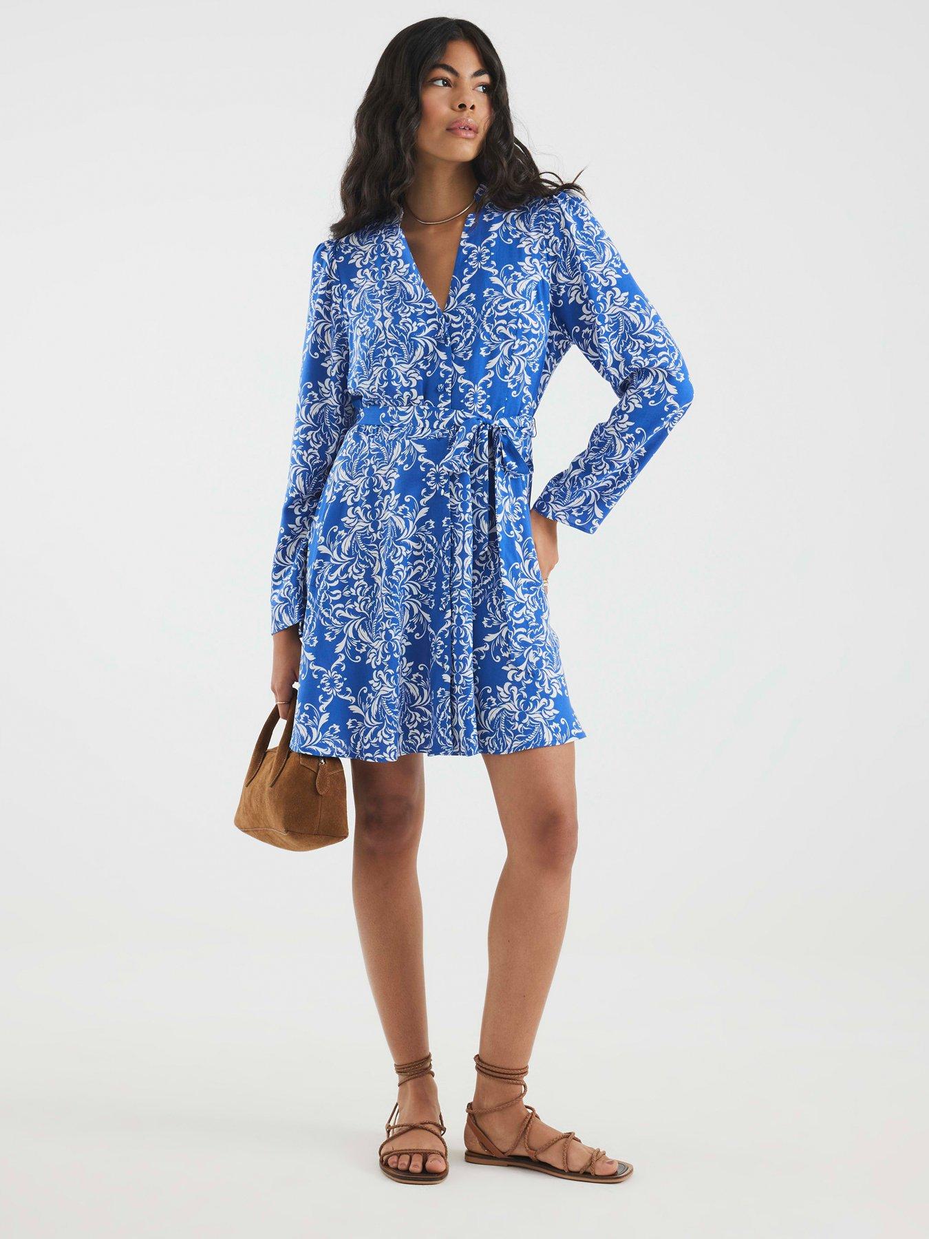 River Island Tie Front Mini Shirt Dress - Blue | Littlewoods