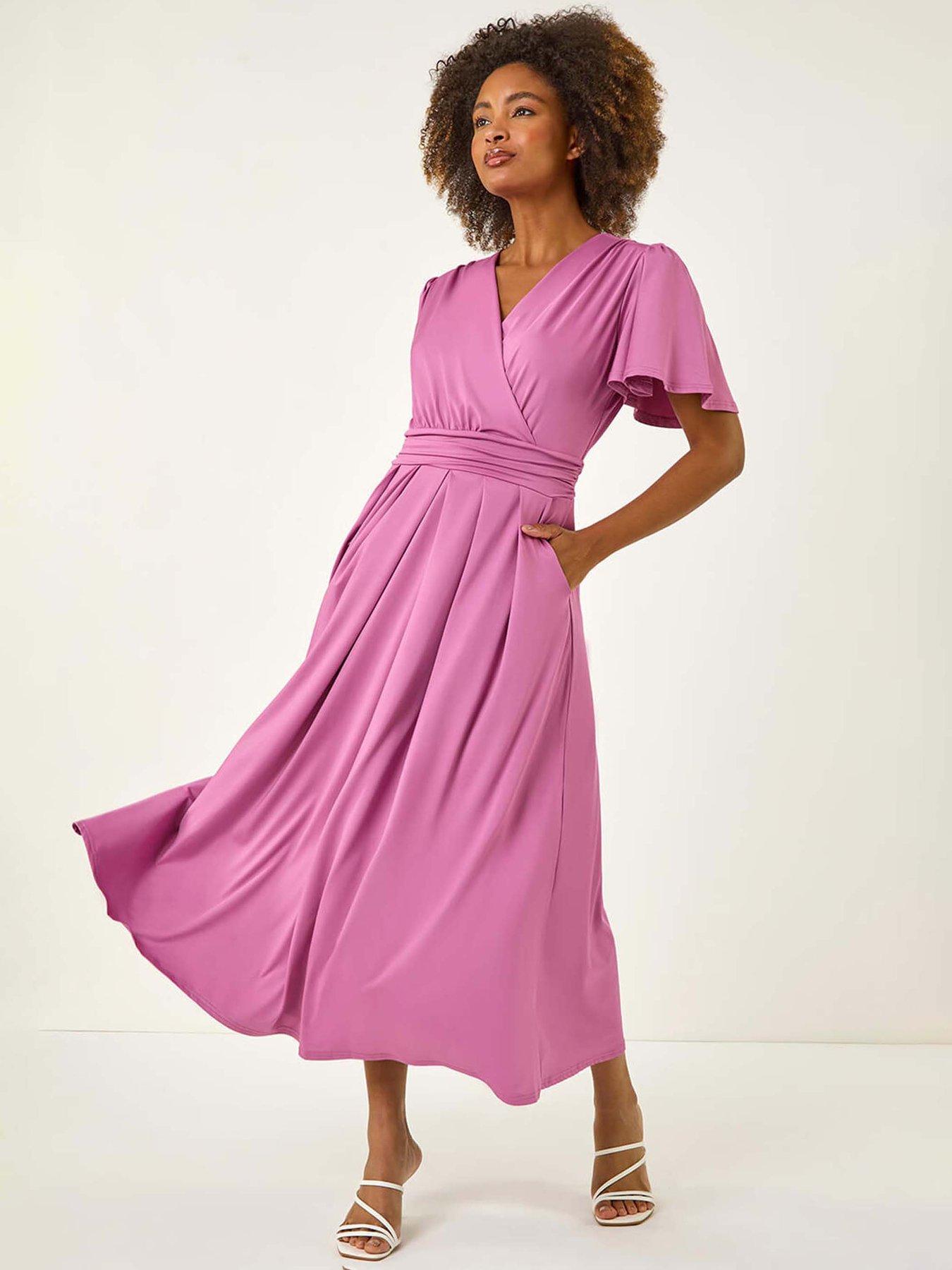 undefined Tie Back V-neck Stretch Midi Dress - Purple