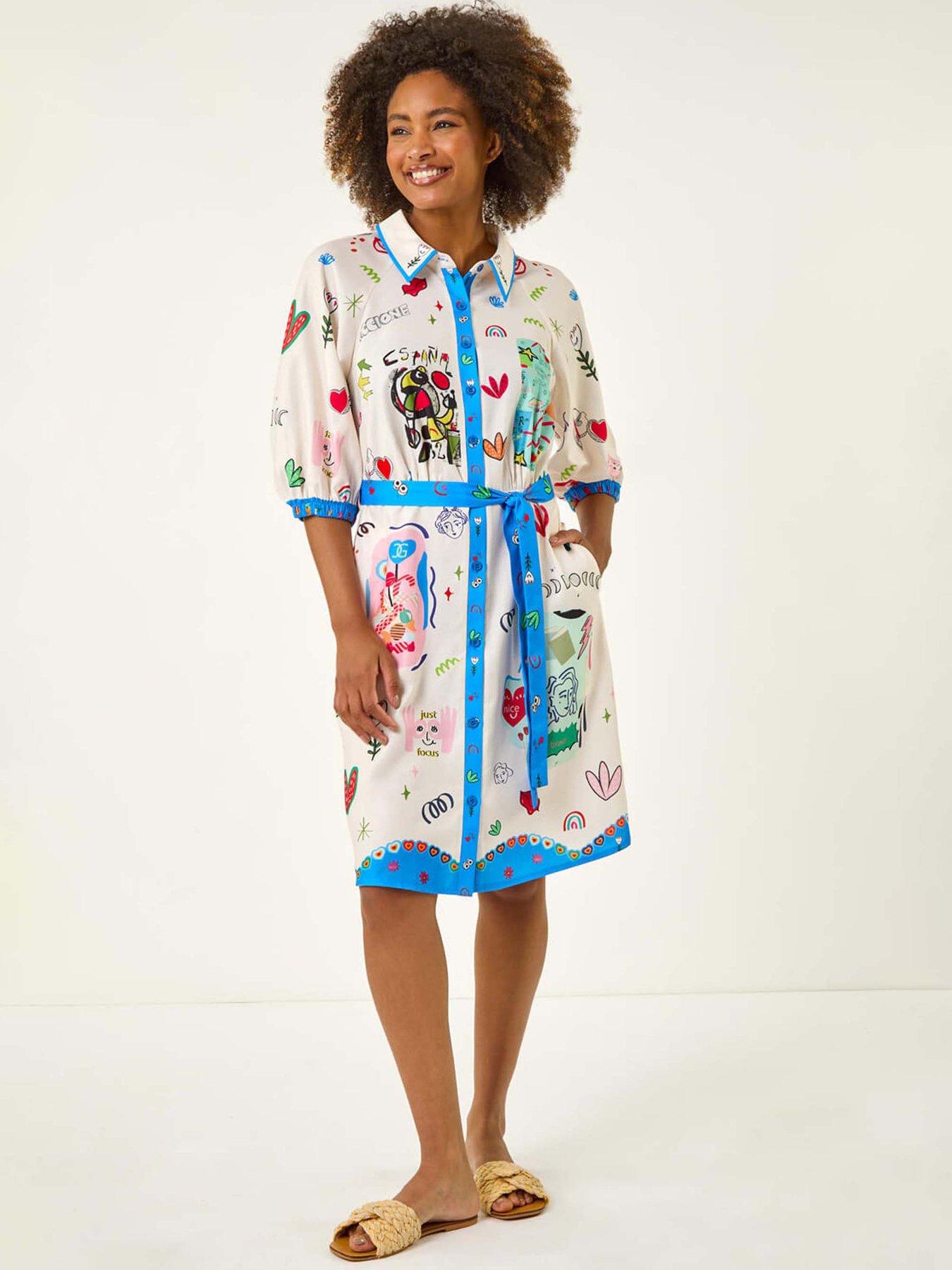 undefined Motif Print Tie Waist Shirt Dress - Blue