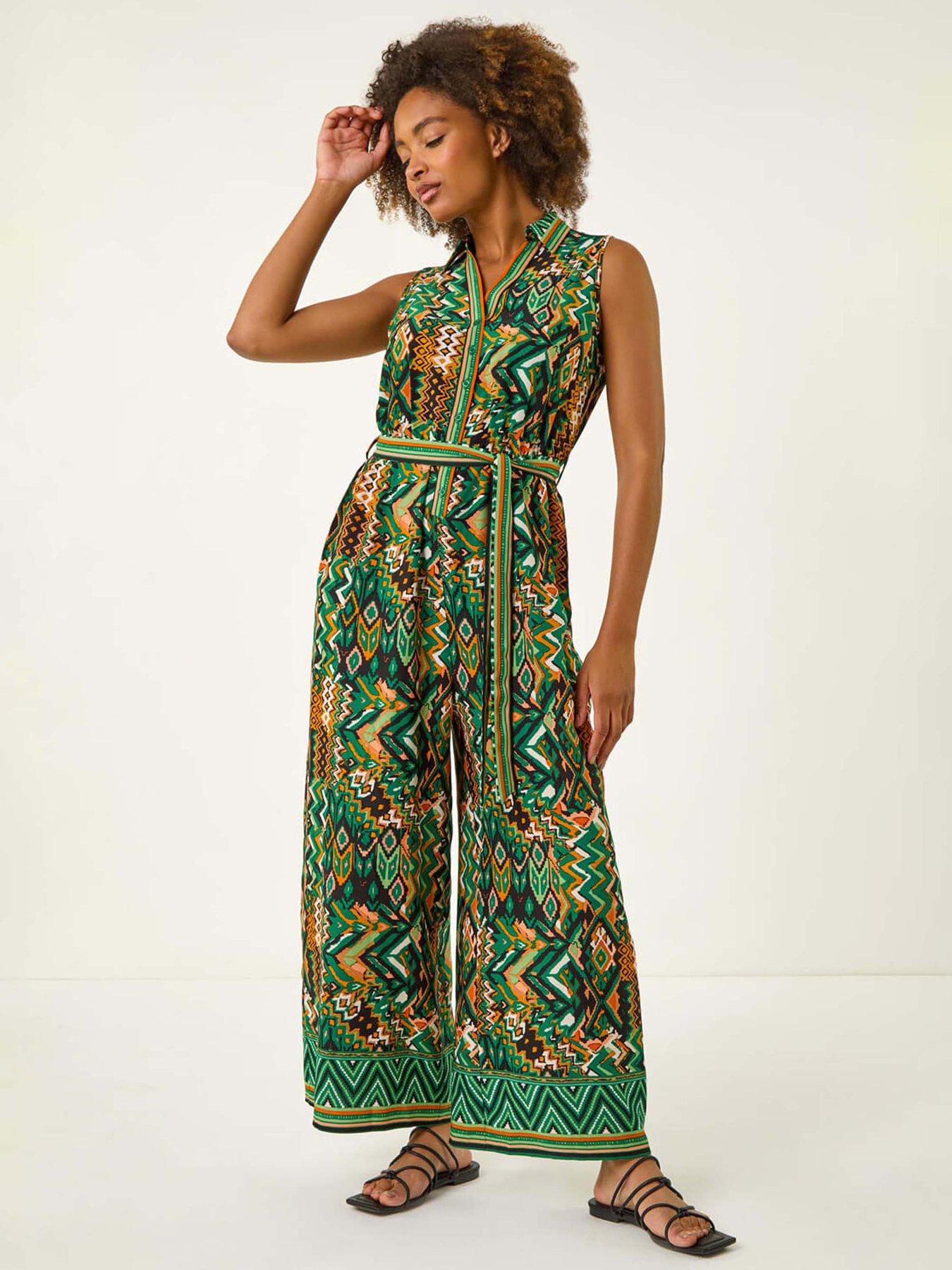 undefined Zig Zag Print Full Length Jumpsuit - Green
